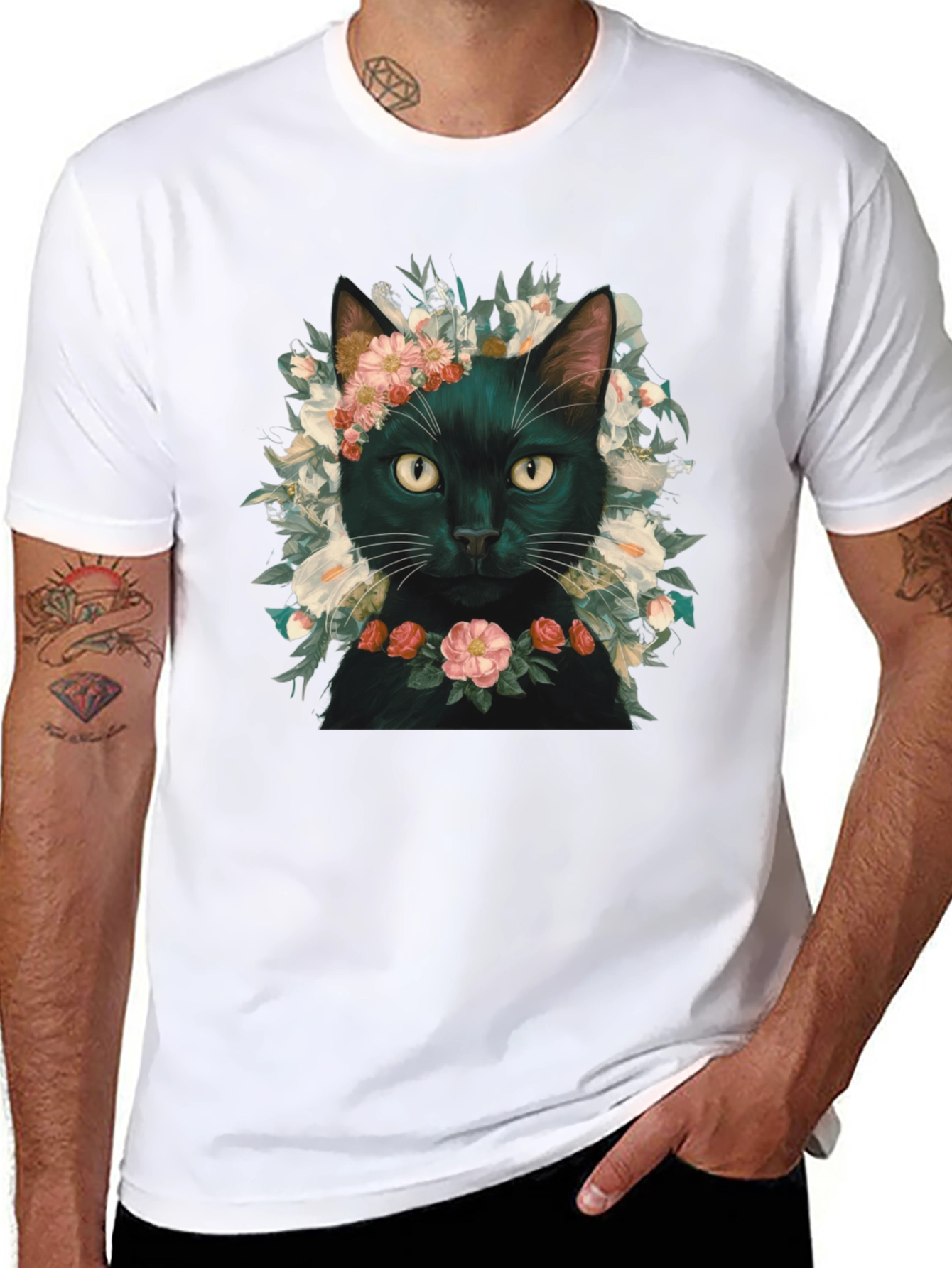 Floral Cat T-Shirt - Black