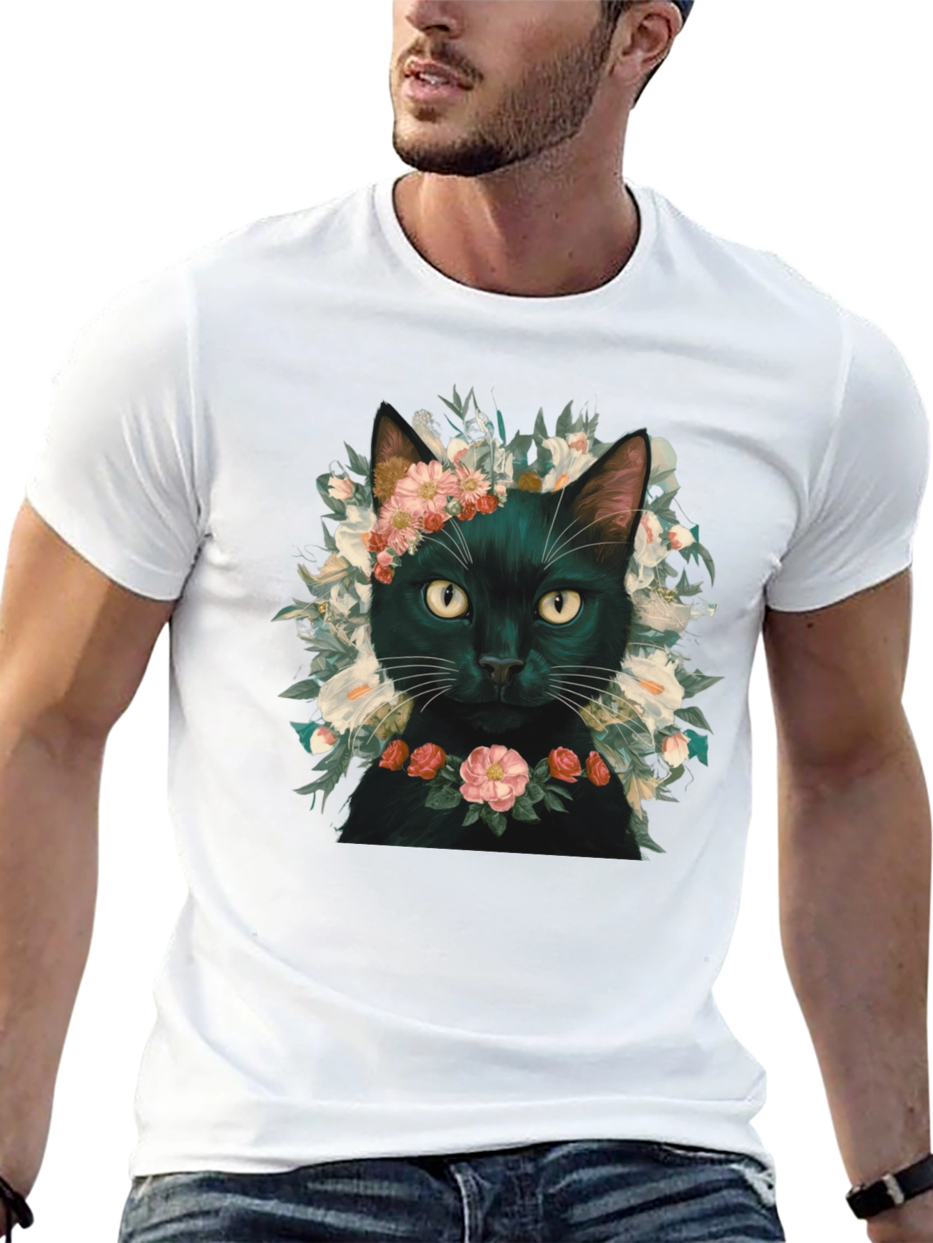 Floral Cat T-Shirt - Black