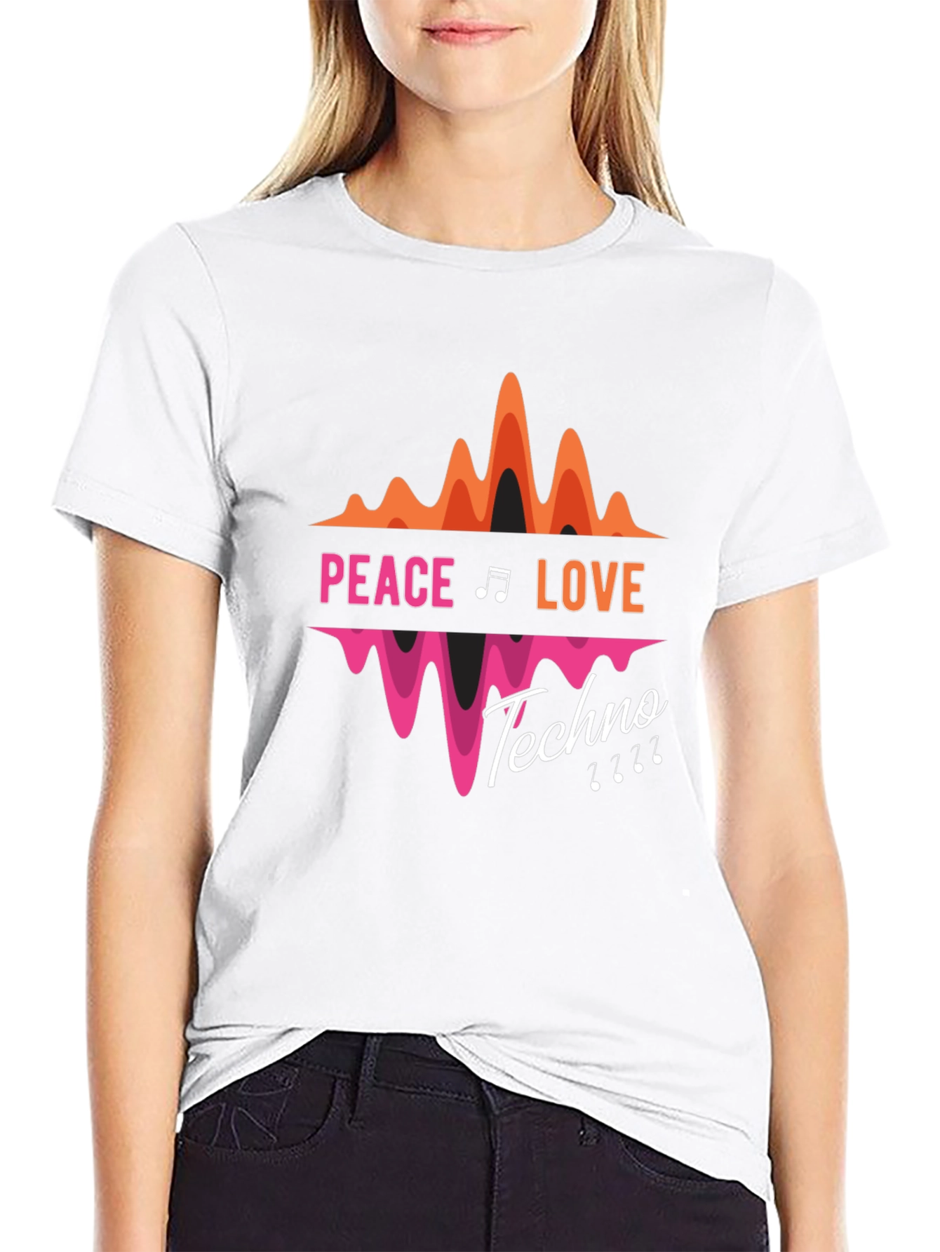 Peace Love Techno Black Graphic T-Shirt