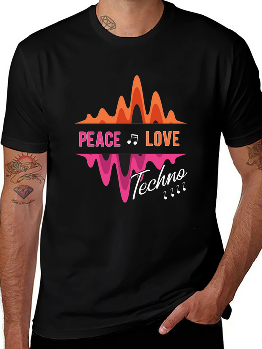 Peace Love Techno Black Graphic T-Shirt