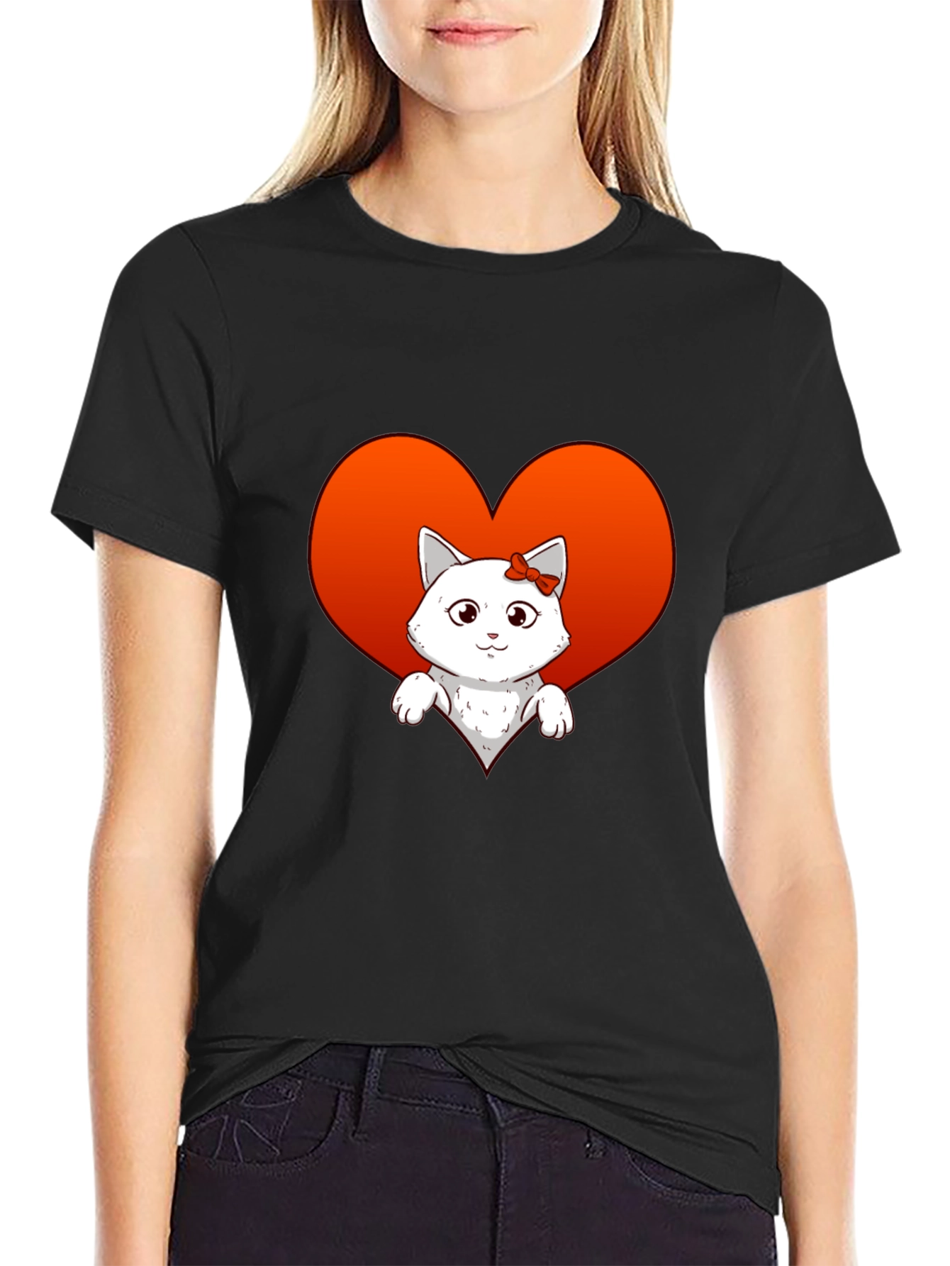 Cute Cat Heart T-Shirt - Unisex Black Tee