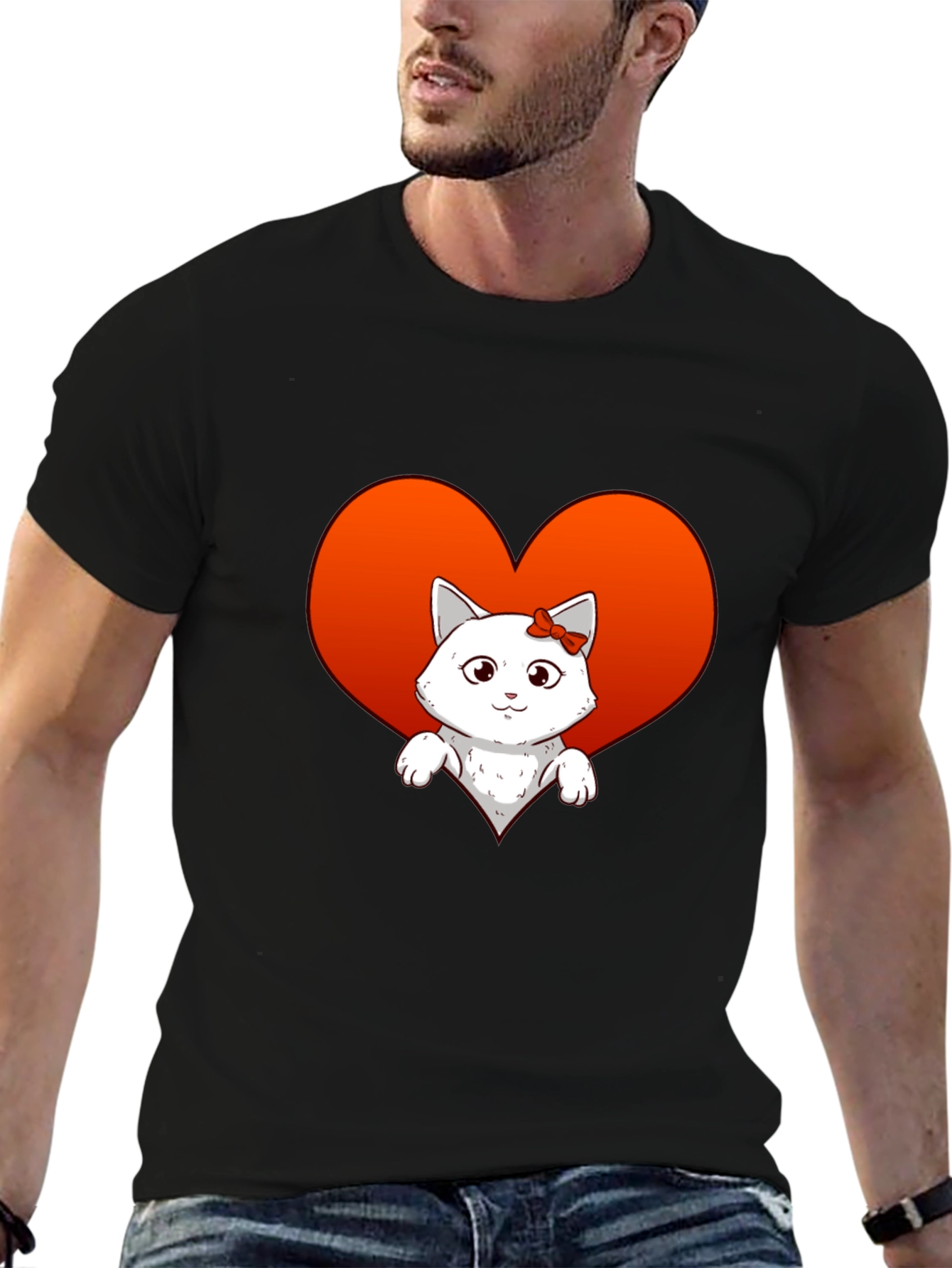Cute Cat Heart T-Shirt - Unisex Black Tee