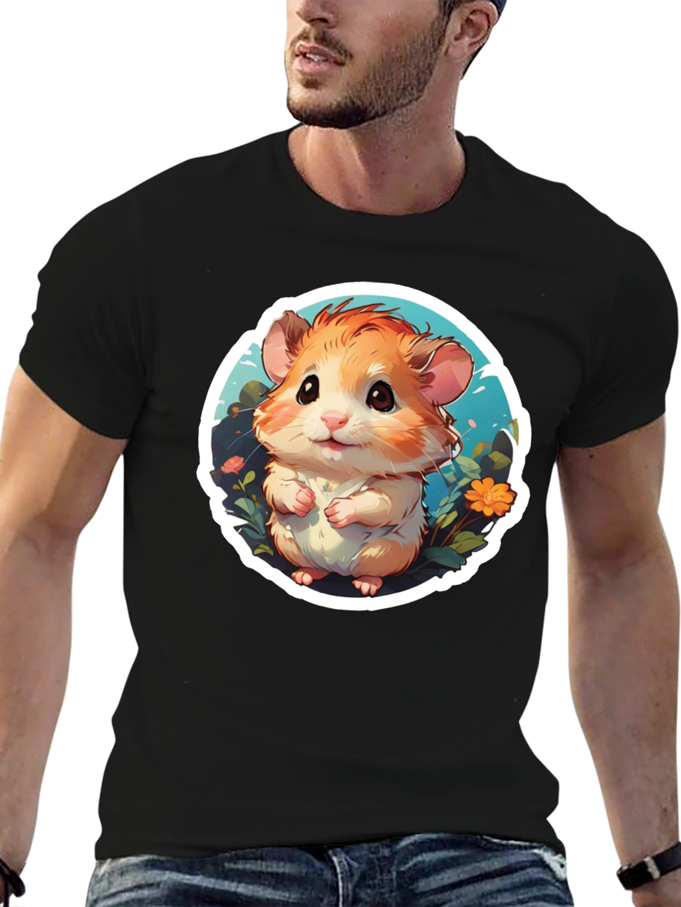 Cute Hamster Graphic Tee - Black Cotton Blend