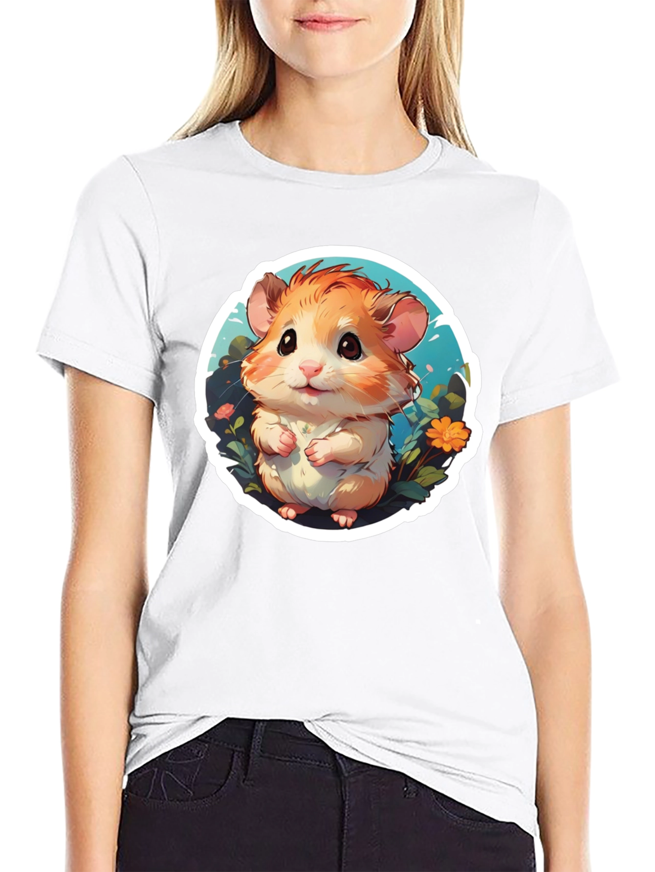 Cute Hamster Graphic Tee - Black Cotton Blend