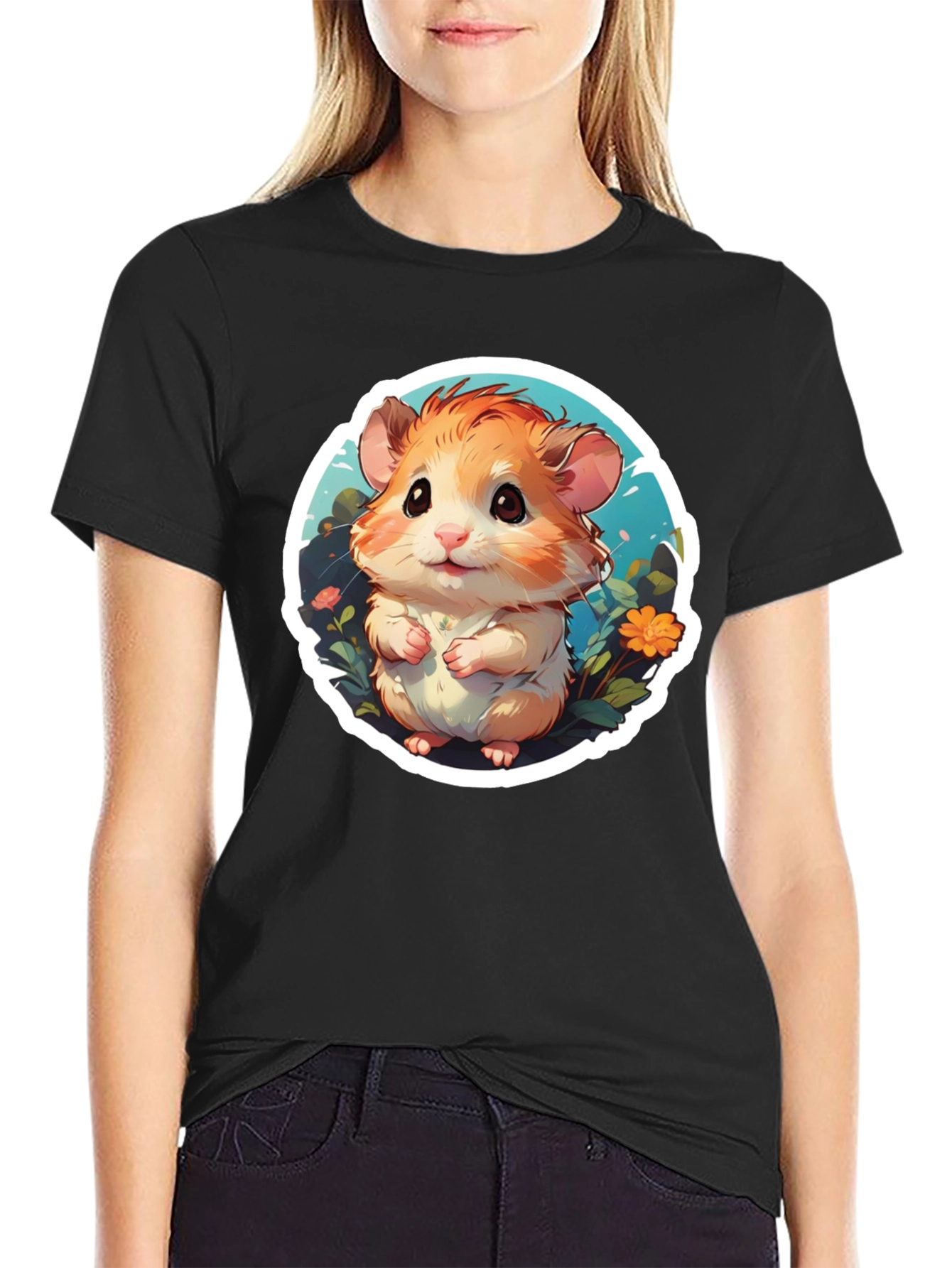 Cute Hamster Graphic Tee - Black Cotton Blend