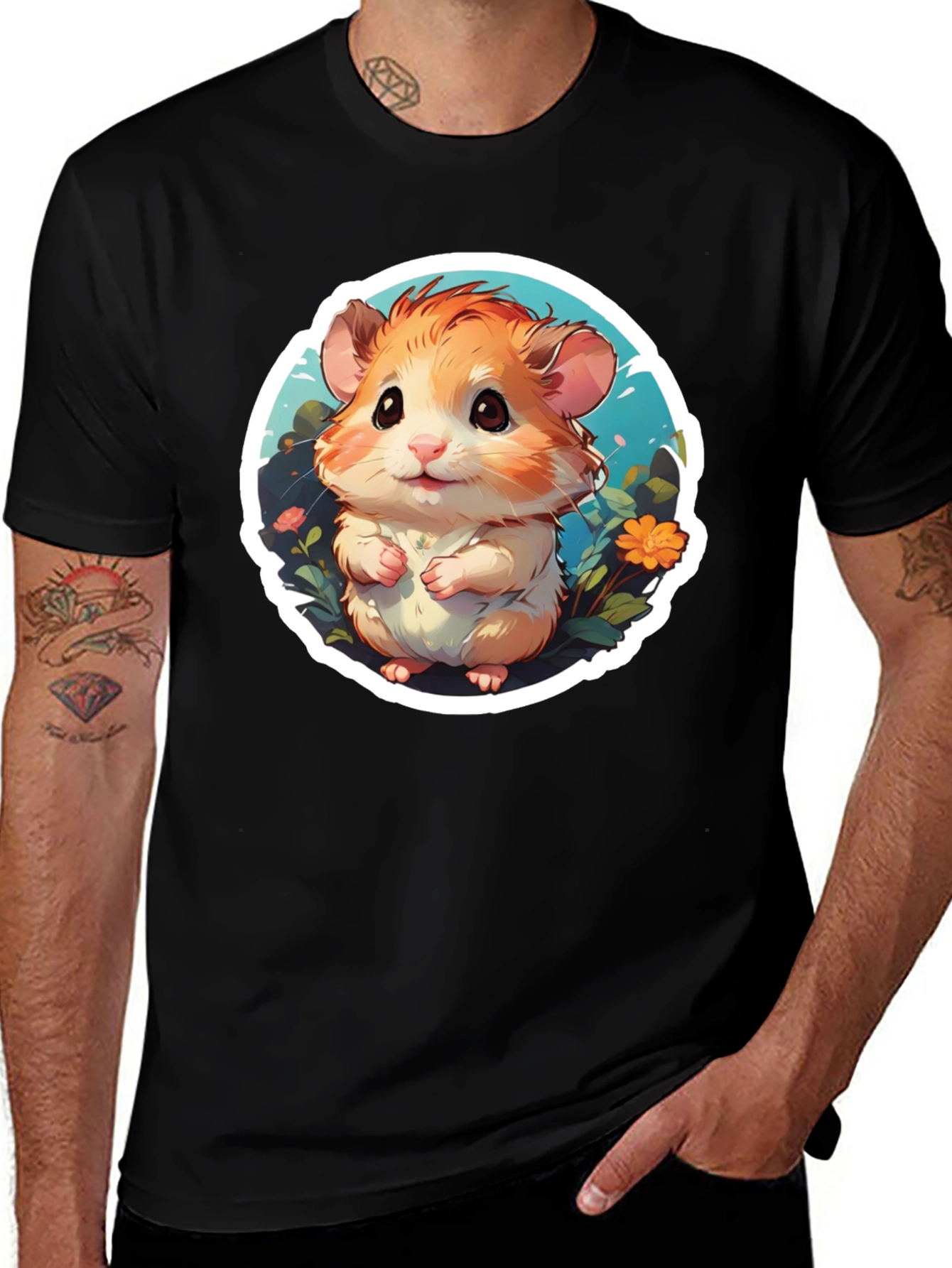 Cute Hamster Graphic Tee - Black Cotton Blend