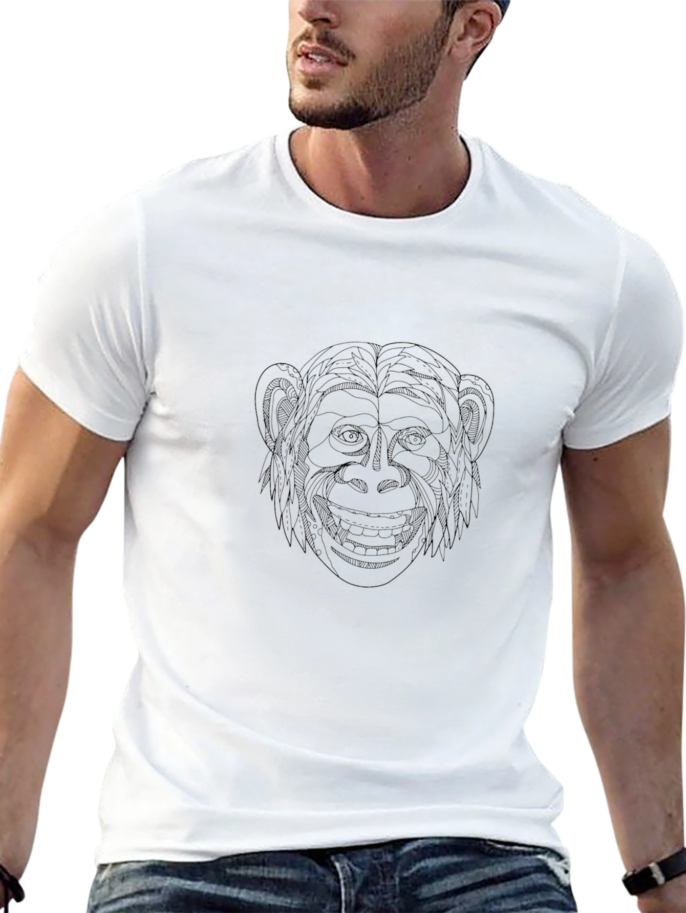 Monkey Face Line Art Graphic Tee - Black
