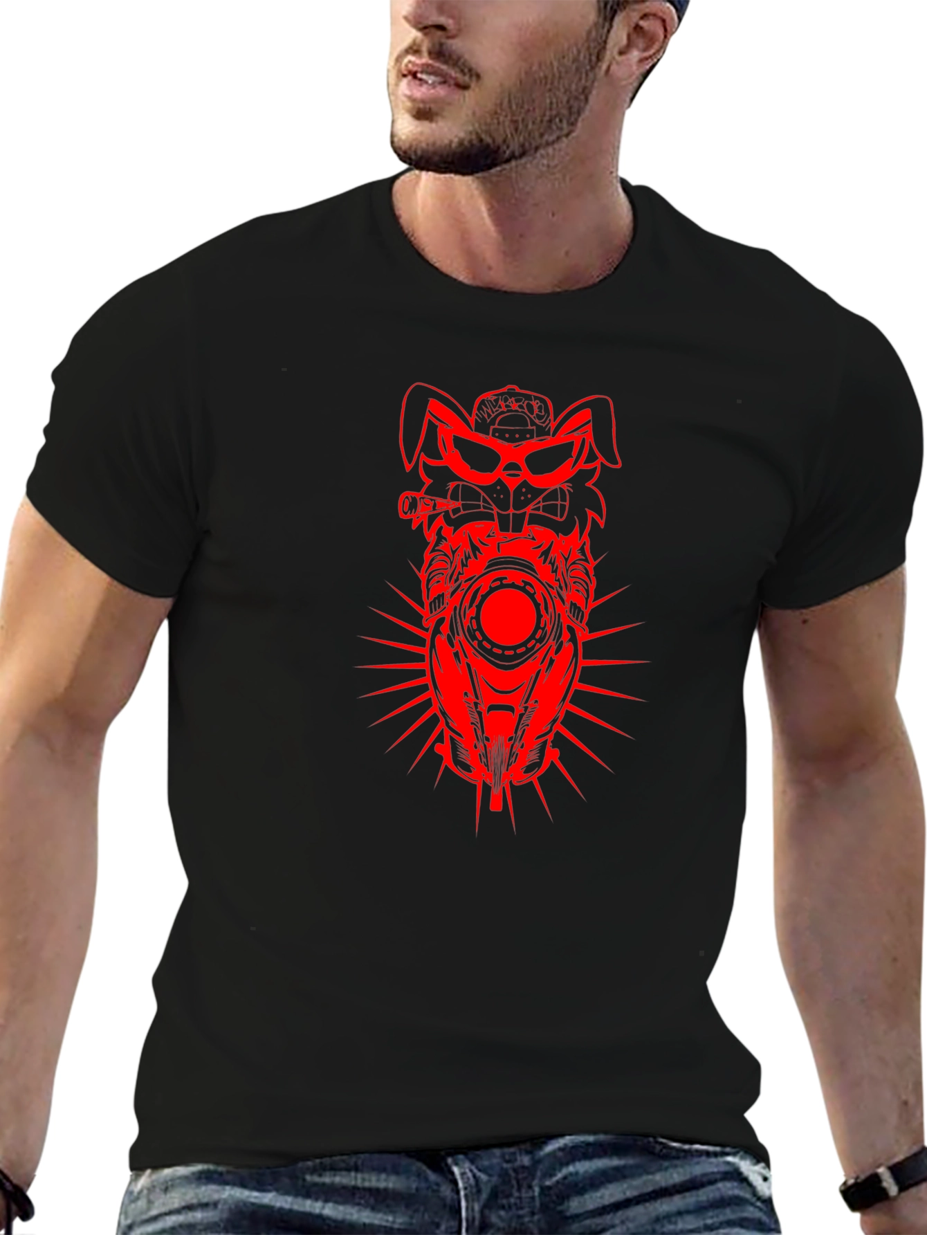 Mens Black T-shirt with Red Rabbit Motorcycle Design
