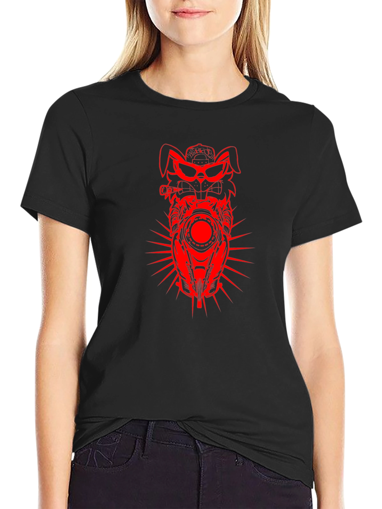 Mens Black T-shirt with Red Rabbit Motorcycle Design