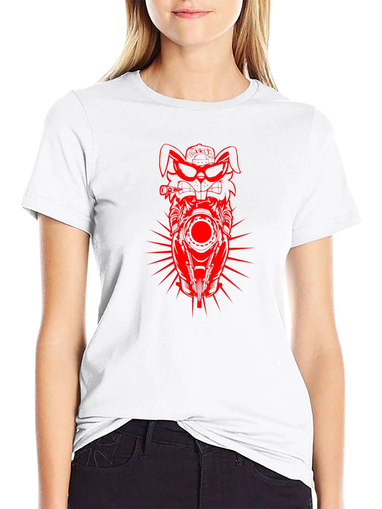 Mens Black T-shirt with Red Rabbit Motorcycle Design