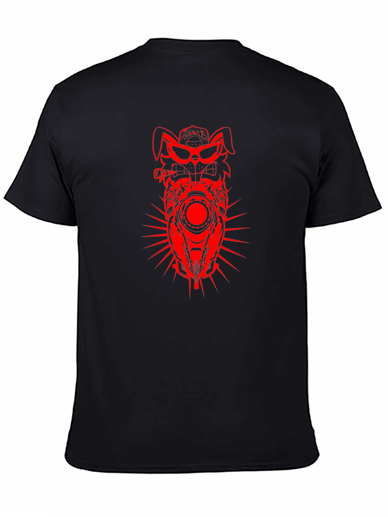 Mens Black T-shirt with Red Rabbit Motorcycle Design