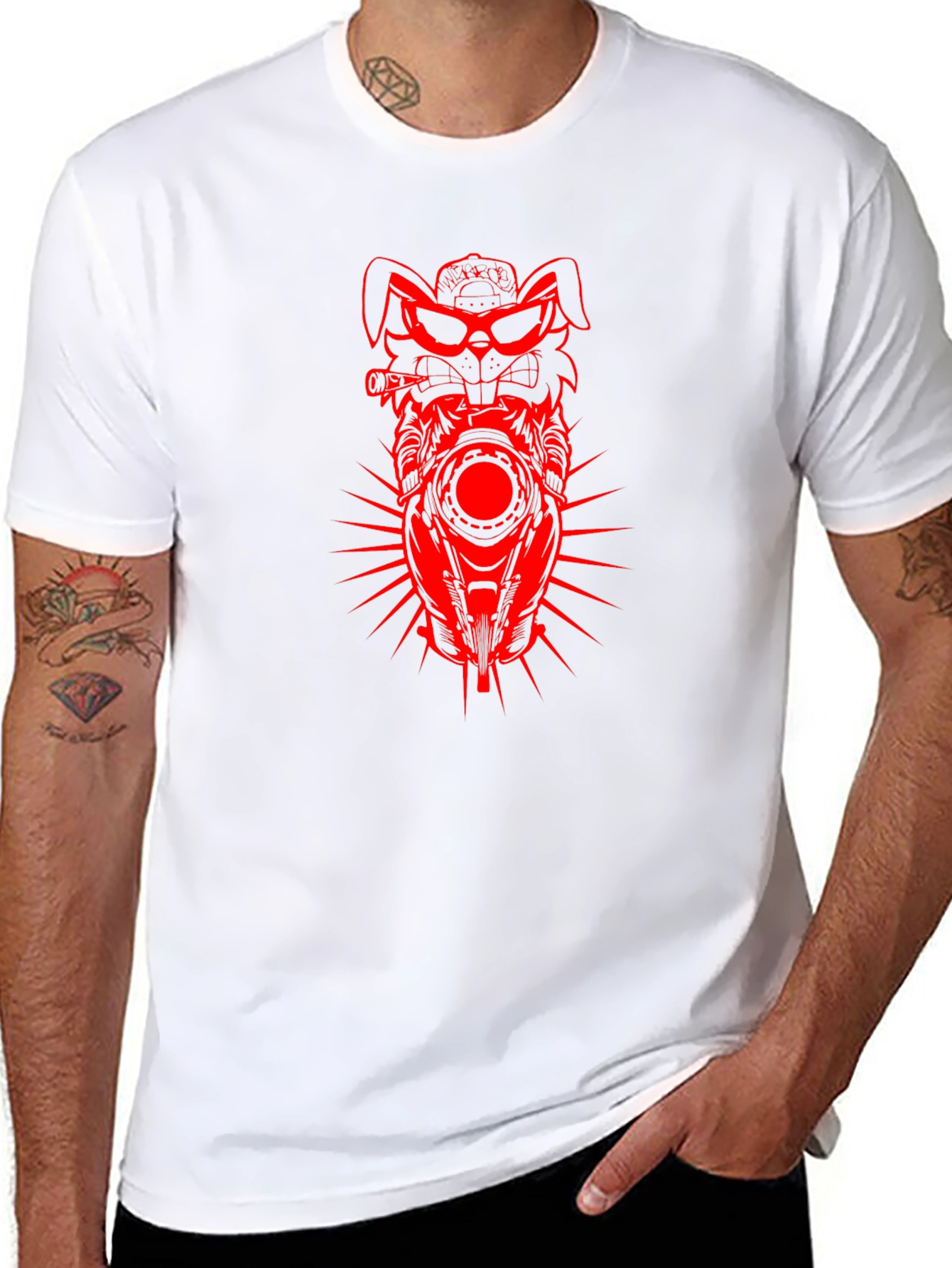 Mens Black T-shirt with Red Rabbit Motorcycle Design