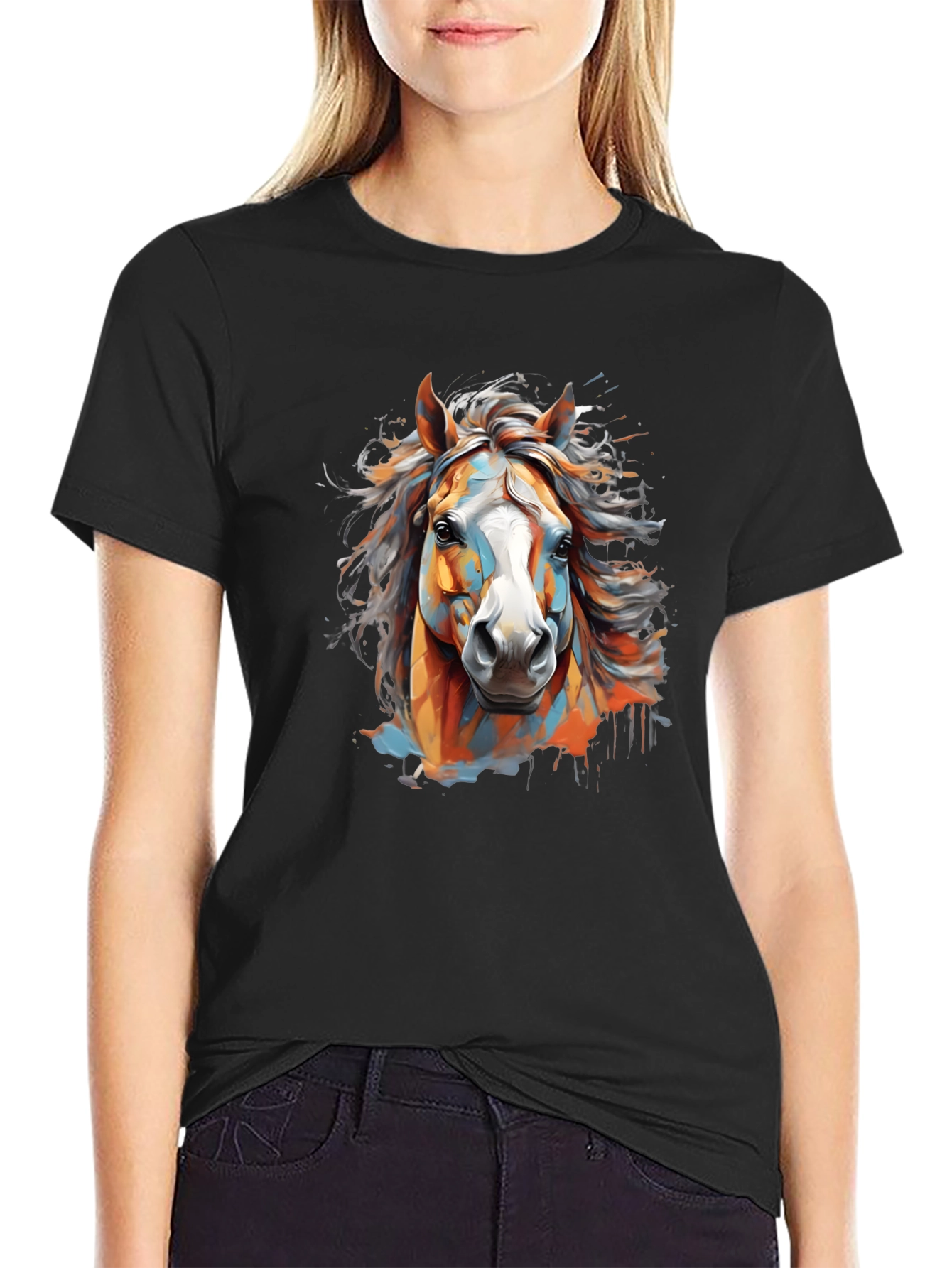 Vibrant Horse Graphic Tee - Black Cotton T-Shirt
