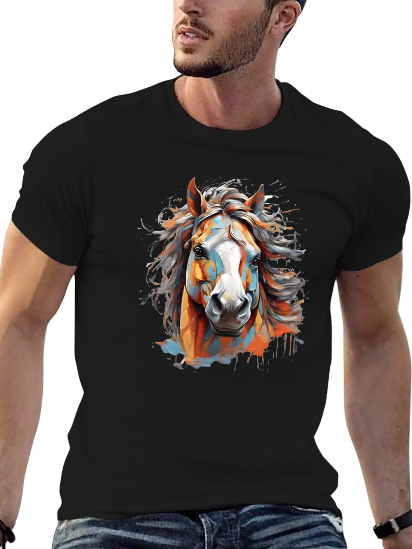 Vibrant Horse Graphic Tee - Black Cotton T-Shirt