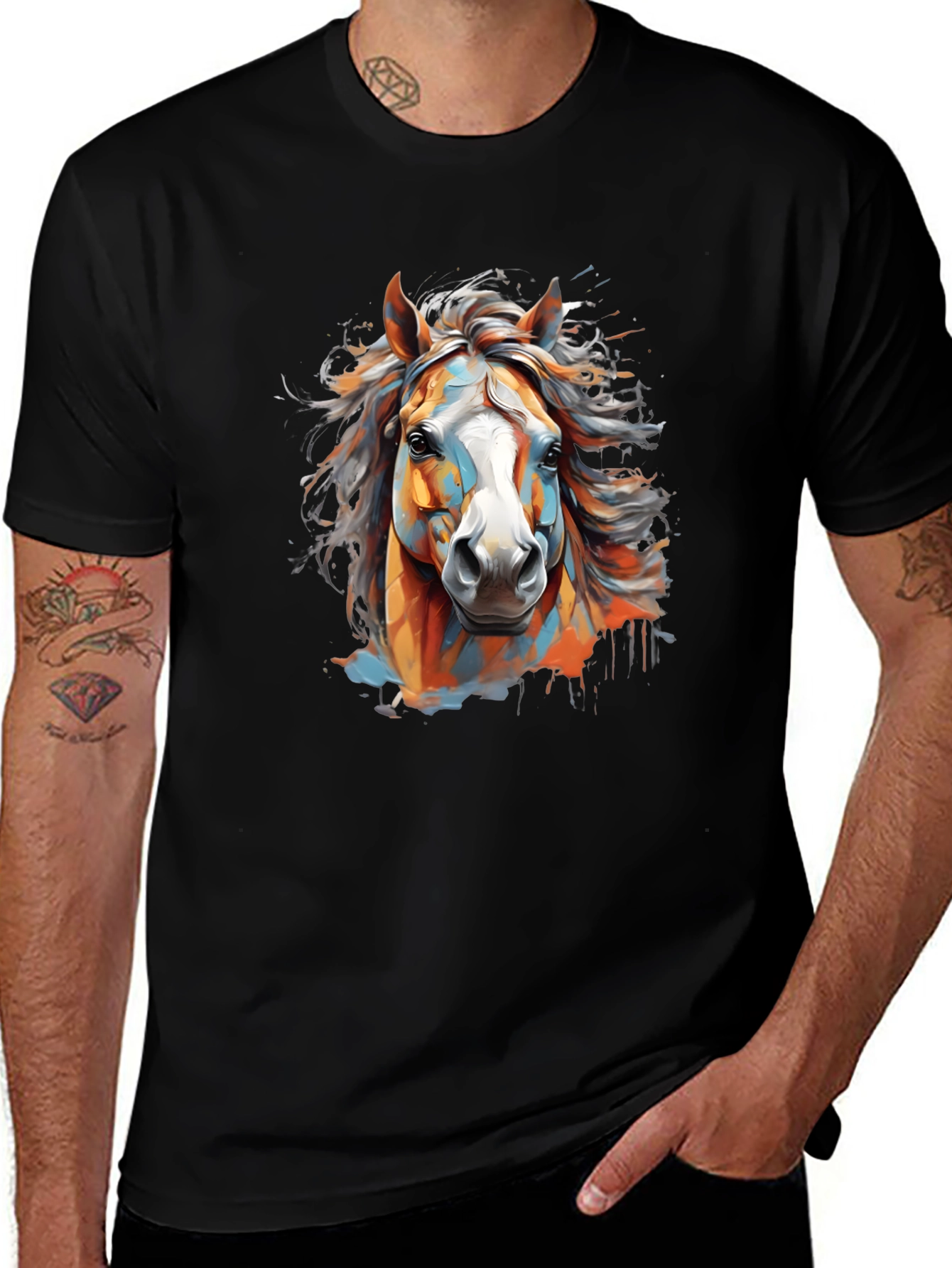 Vibrant Horse Graphic Tee - Black Cotton T-Shirt