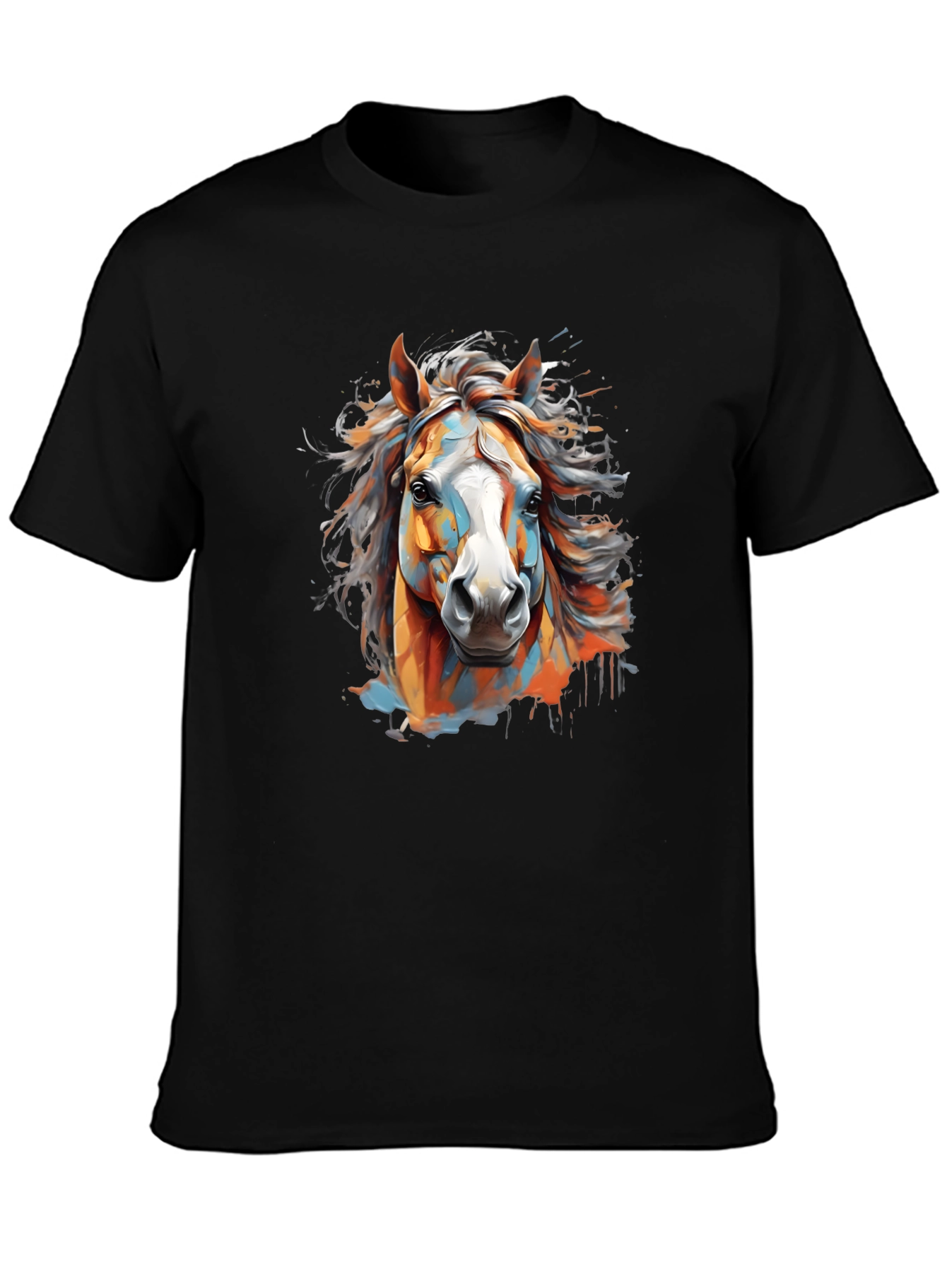 Vibrant Horse Graphic Tee - Black Cotton T-Shirt