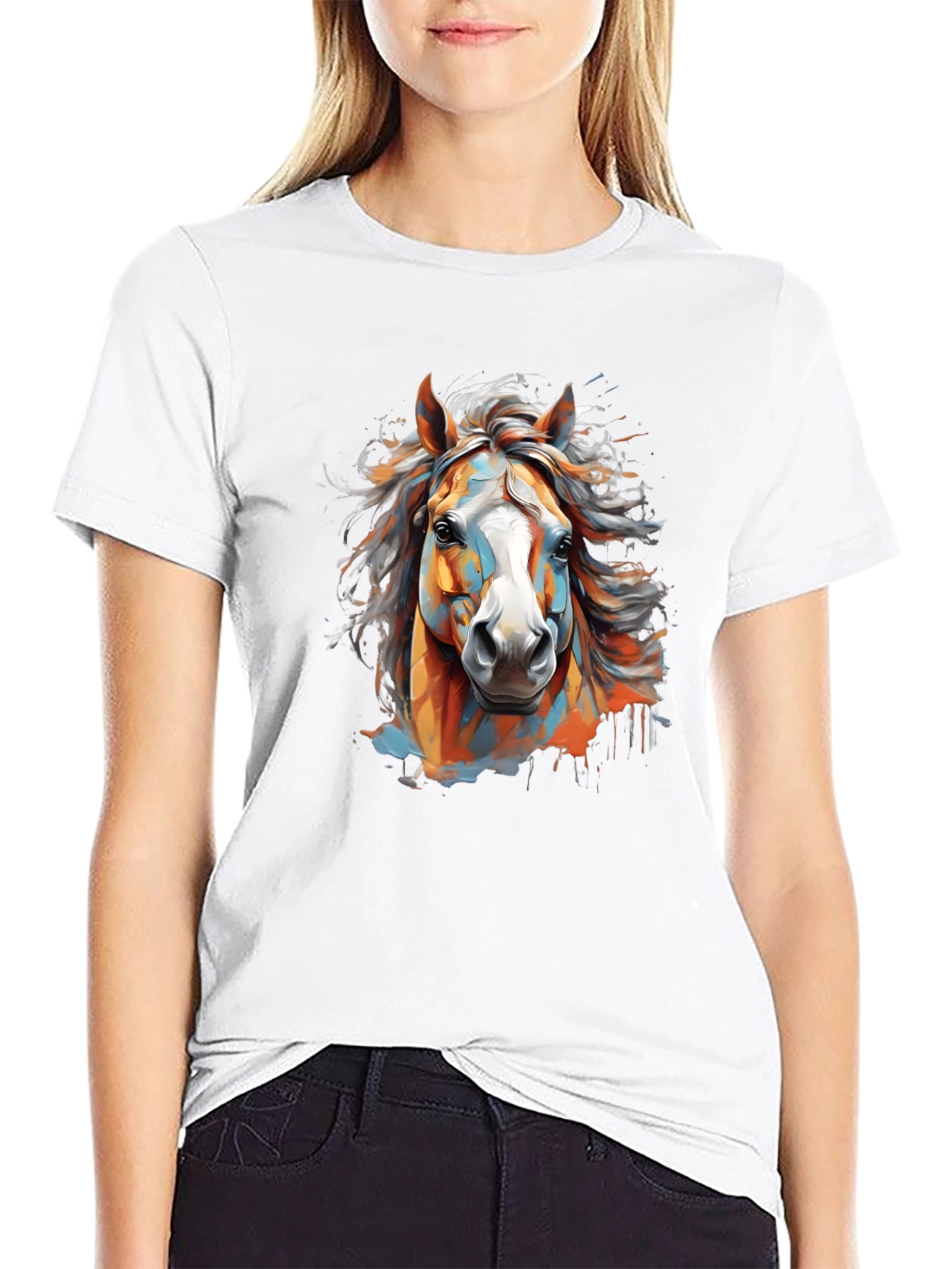 Vibrant Horse Graphic Tee - Black Cotton T-Shirt