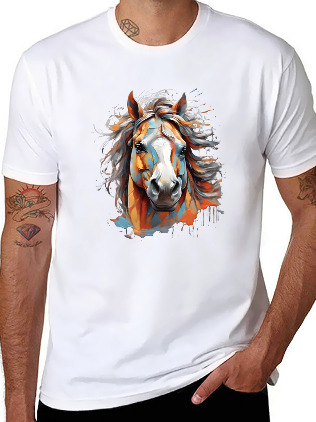Vibrant Horse Graphic Tee - Black Cotton T-Shirt