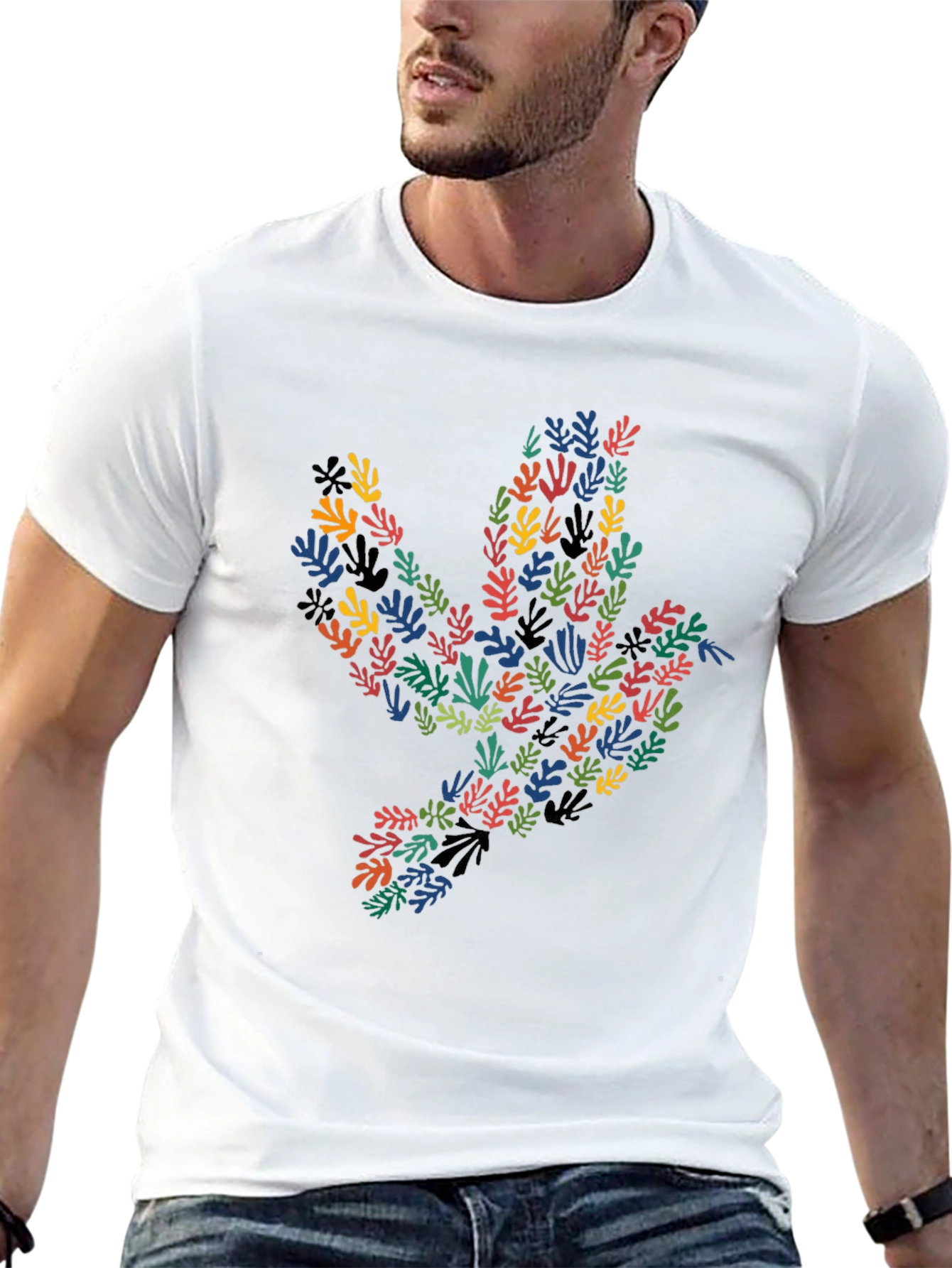 Abstract Leaf Dove Graphic Black T-Shirt