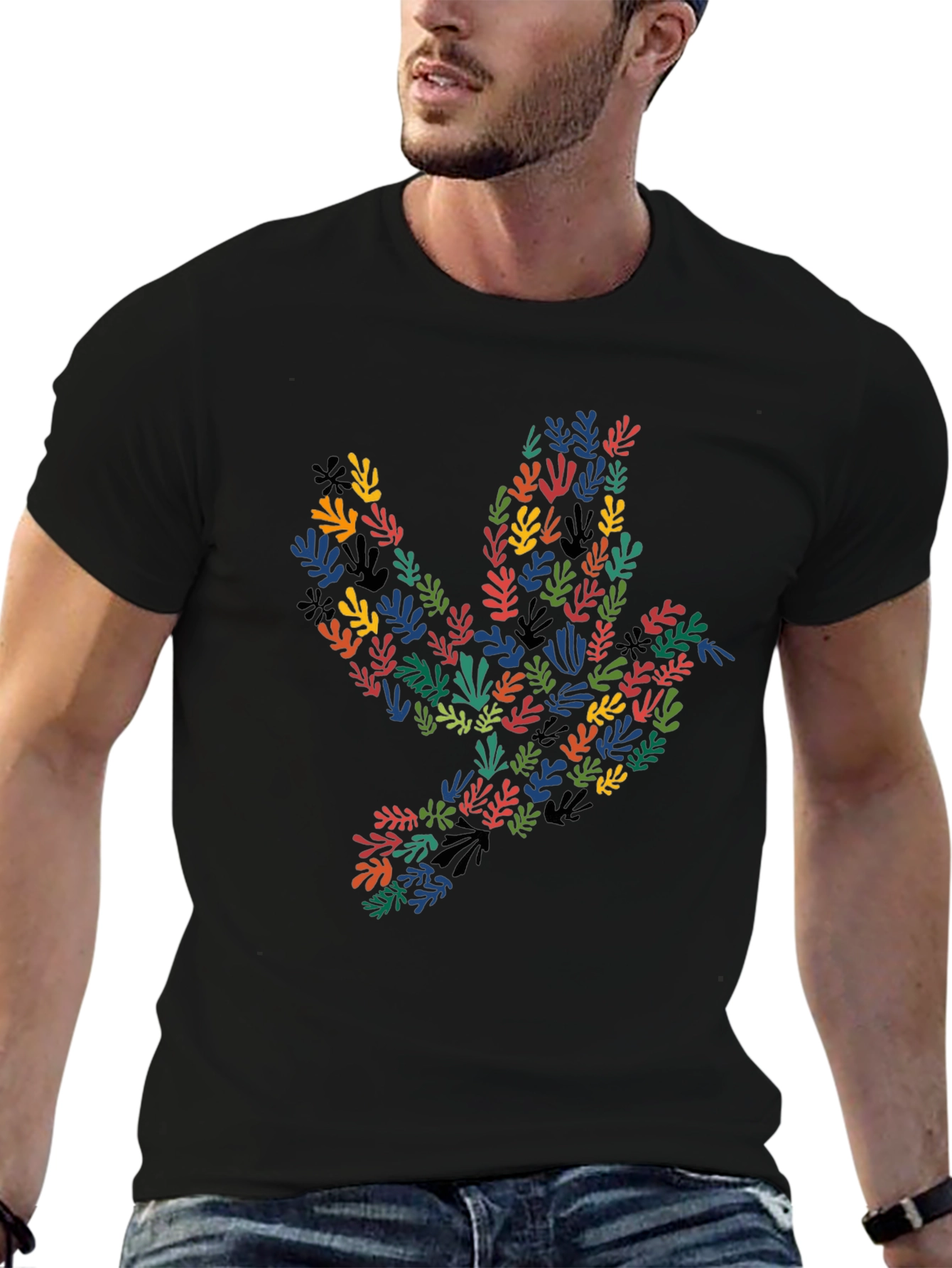 Abstract Leaf Dove Graphic Black T-Shirt