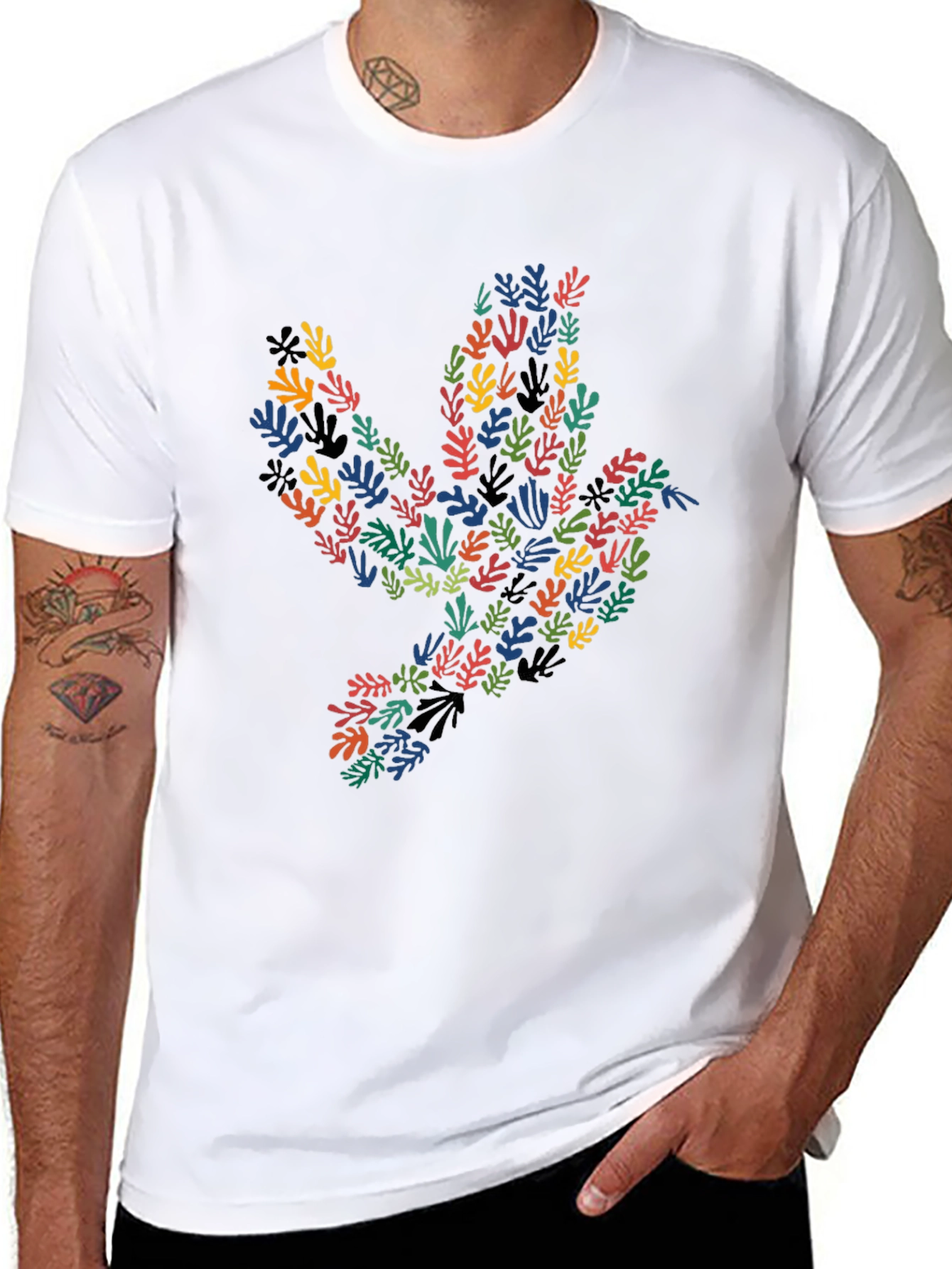 Abstract Leaf Dove Graphic Black T-Shirt