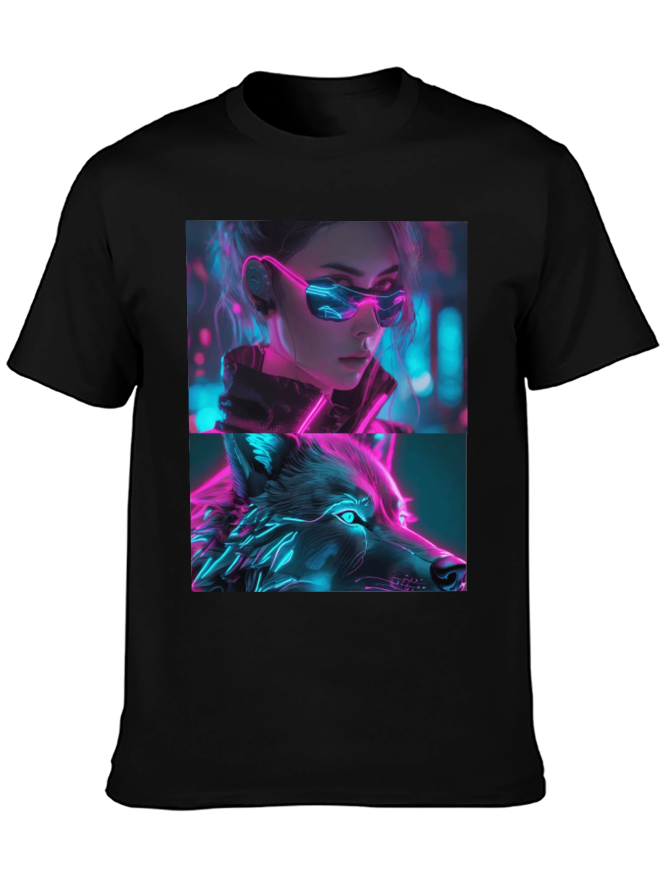Neon Cyberpunk Girl & Wolf Graphic Tee