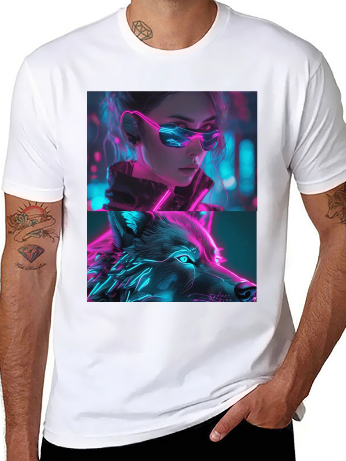Neon Cyberpunk Girl & Wolf Graphic Tee