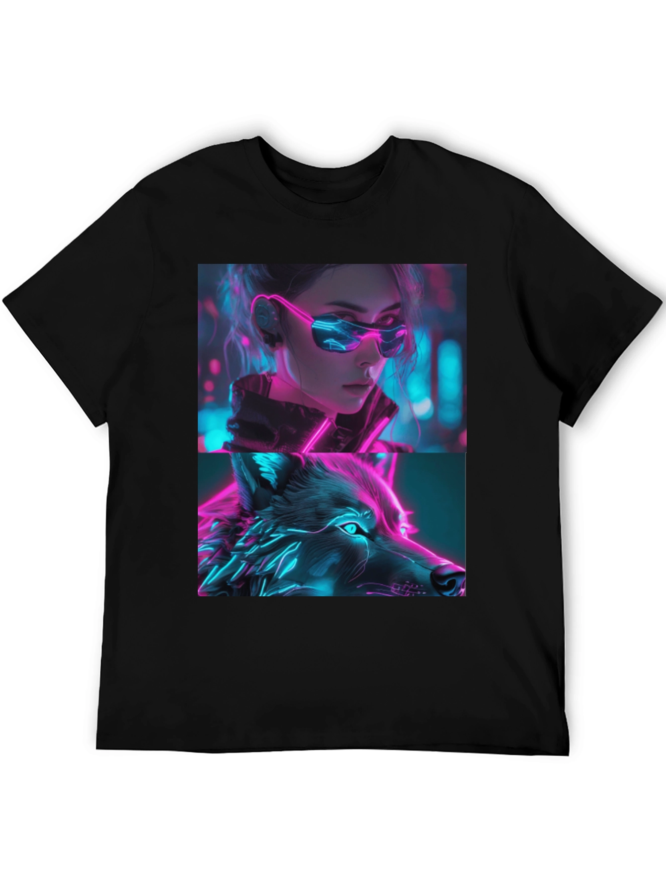 Neon Cyberpunk Girl & Wolf Graphic Tee