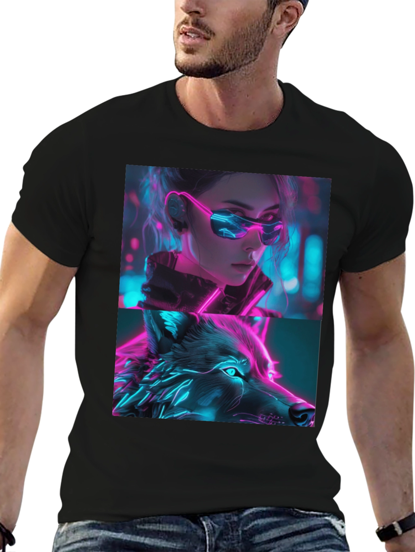 Neon Cyberpunk Girl & Wolf Graphic Tee