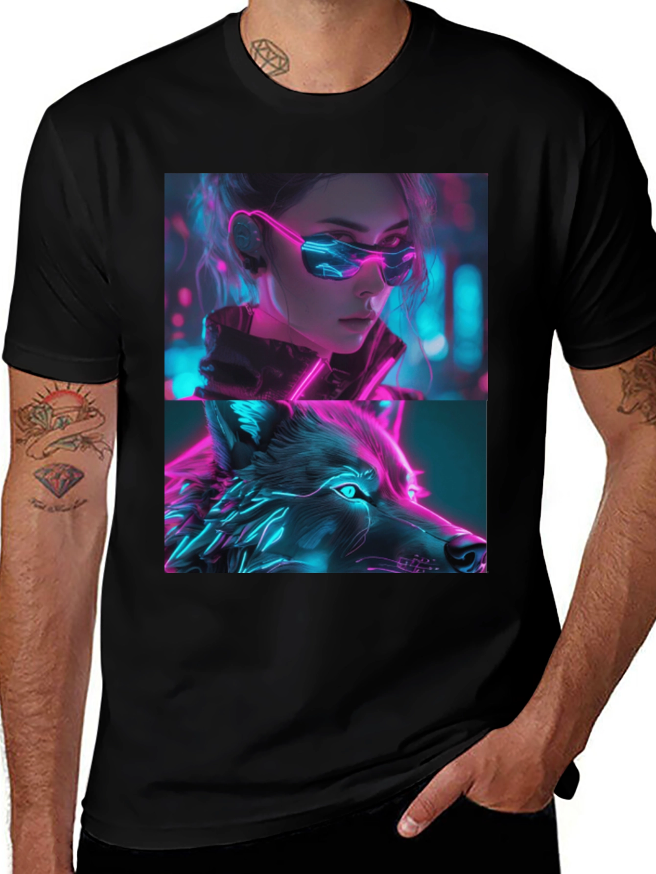 Neon Cyberpunk Girl & Wolf Graphic Tee