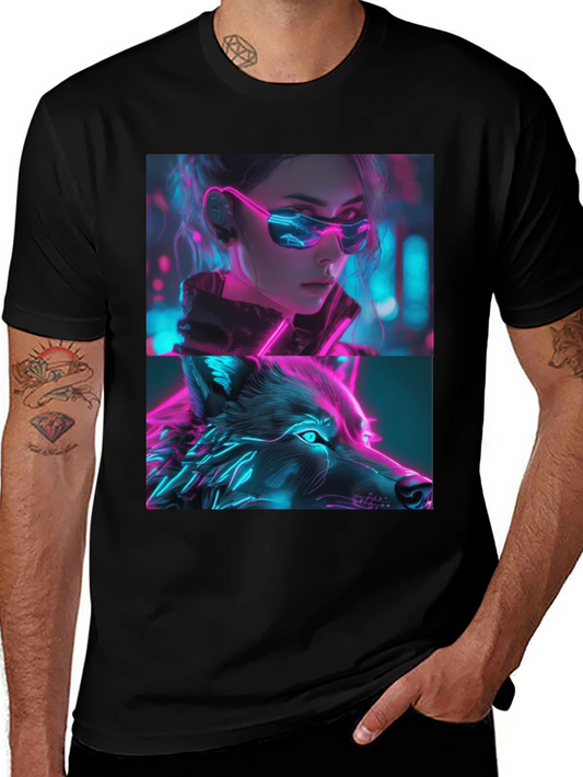 Neon Cyberpunk Girl & Wolf Graphic Tee