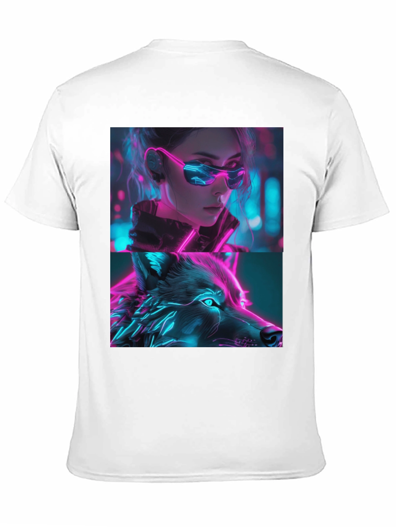 Neon Cyberpunk Girl & Wolf Graphic Tee