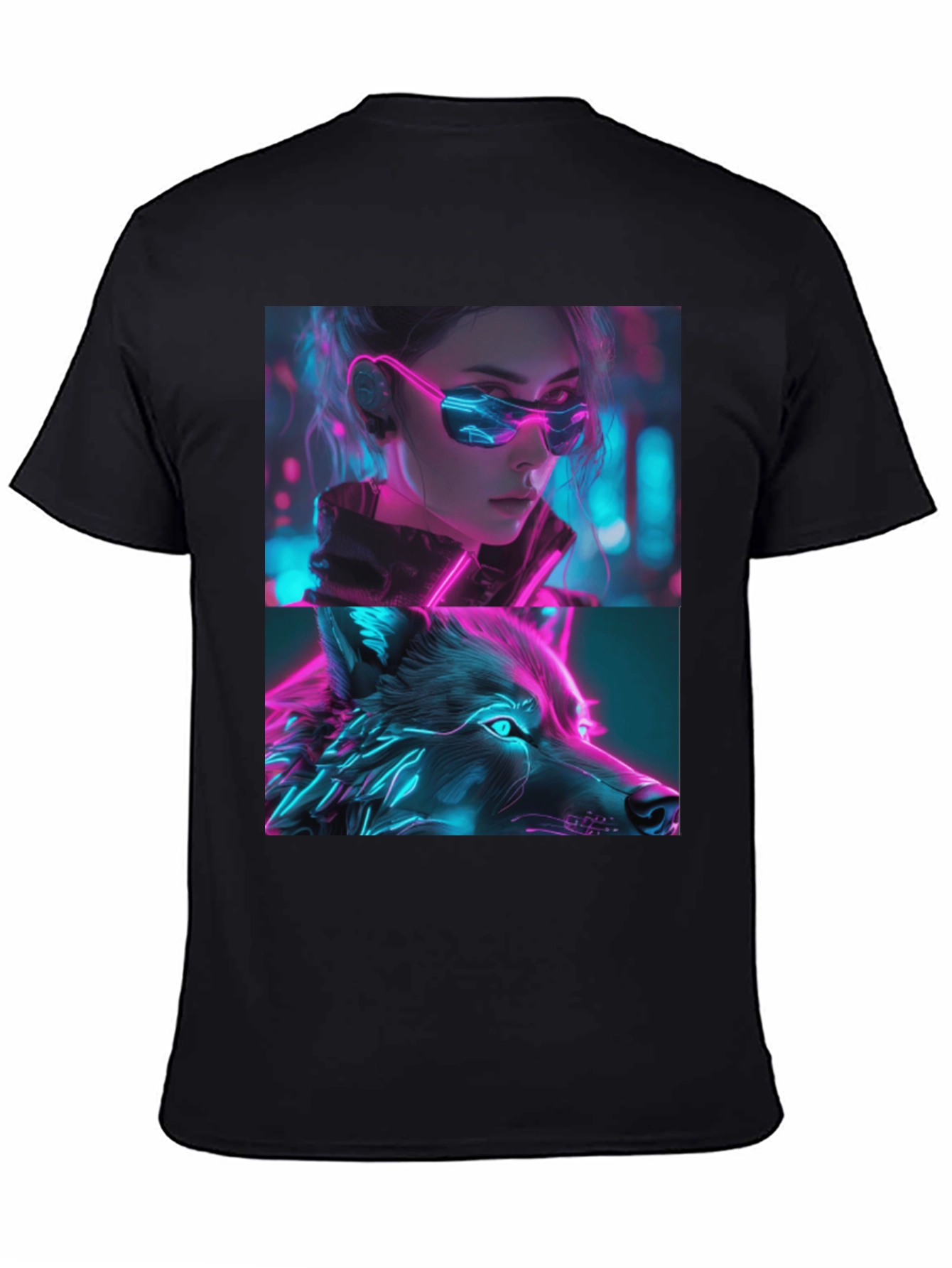 Neon Cyberpunk Girl & Wolf Graphic Tee