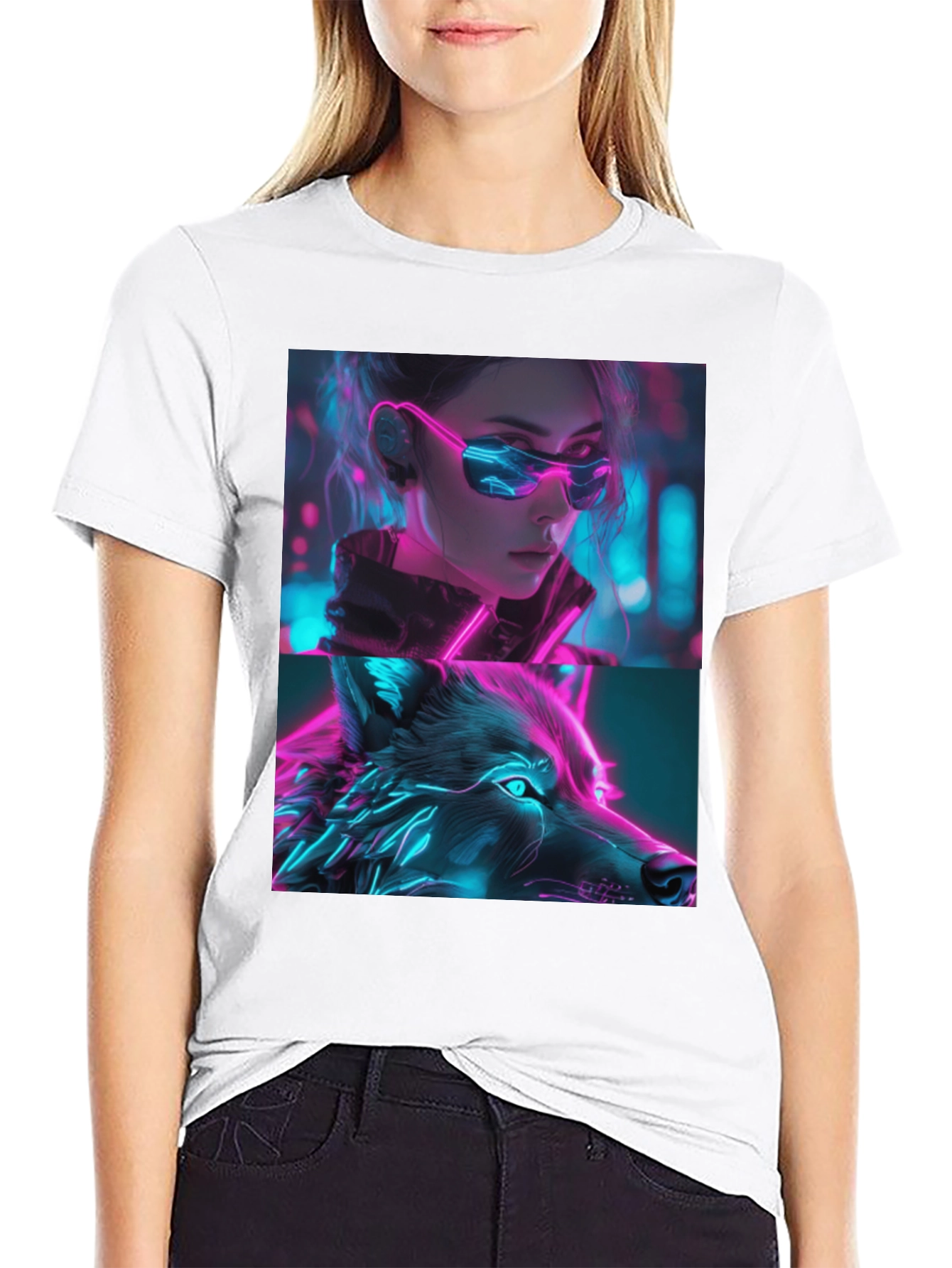 Neon Cyberpunk Girl & Wolf Graphic Tee
