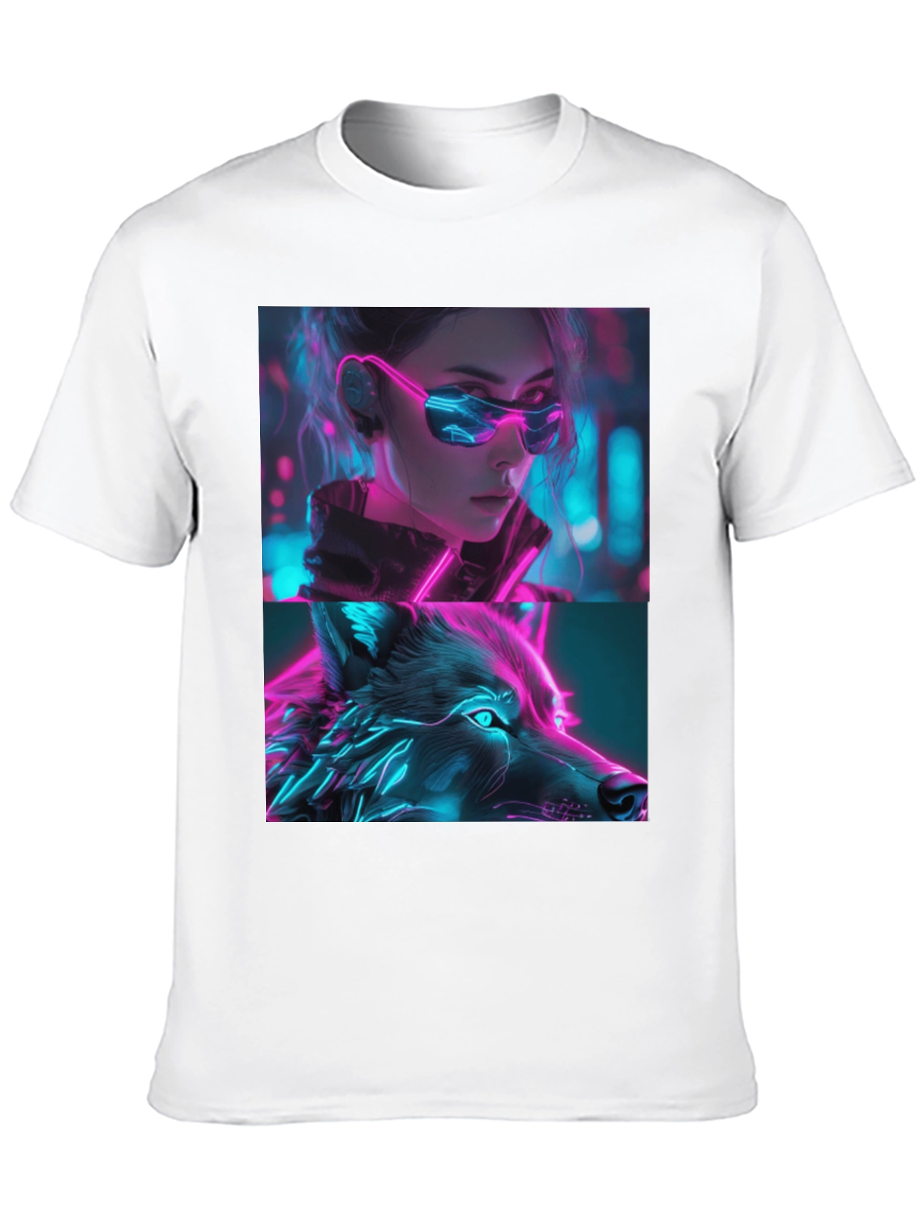 Neon Cyberpunk Girl & Wolf Graphic Tee