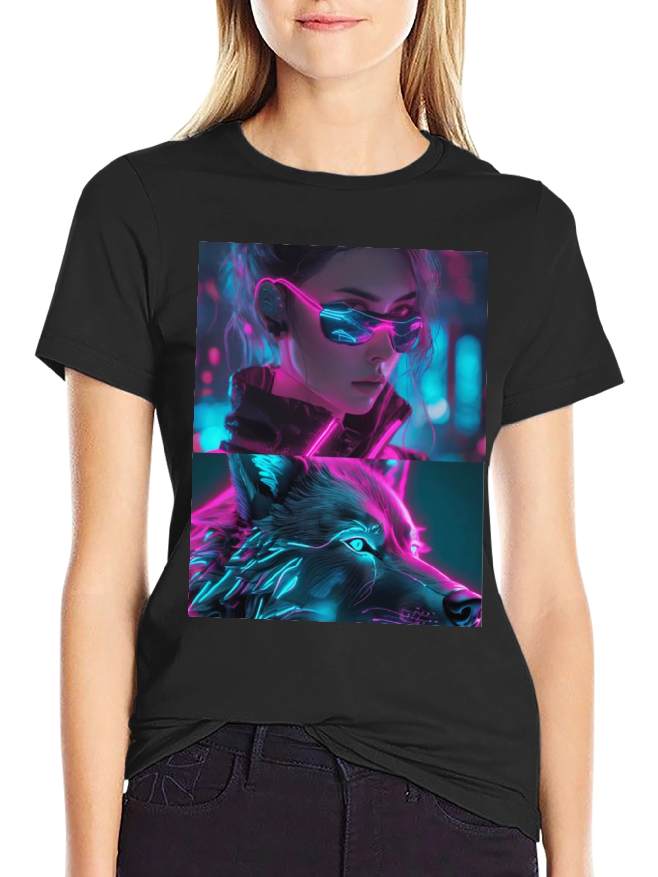 Neon Cyberpunk Girl & Wolf Graphic Tee