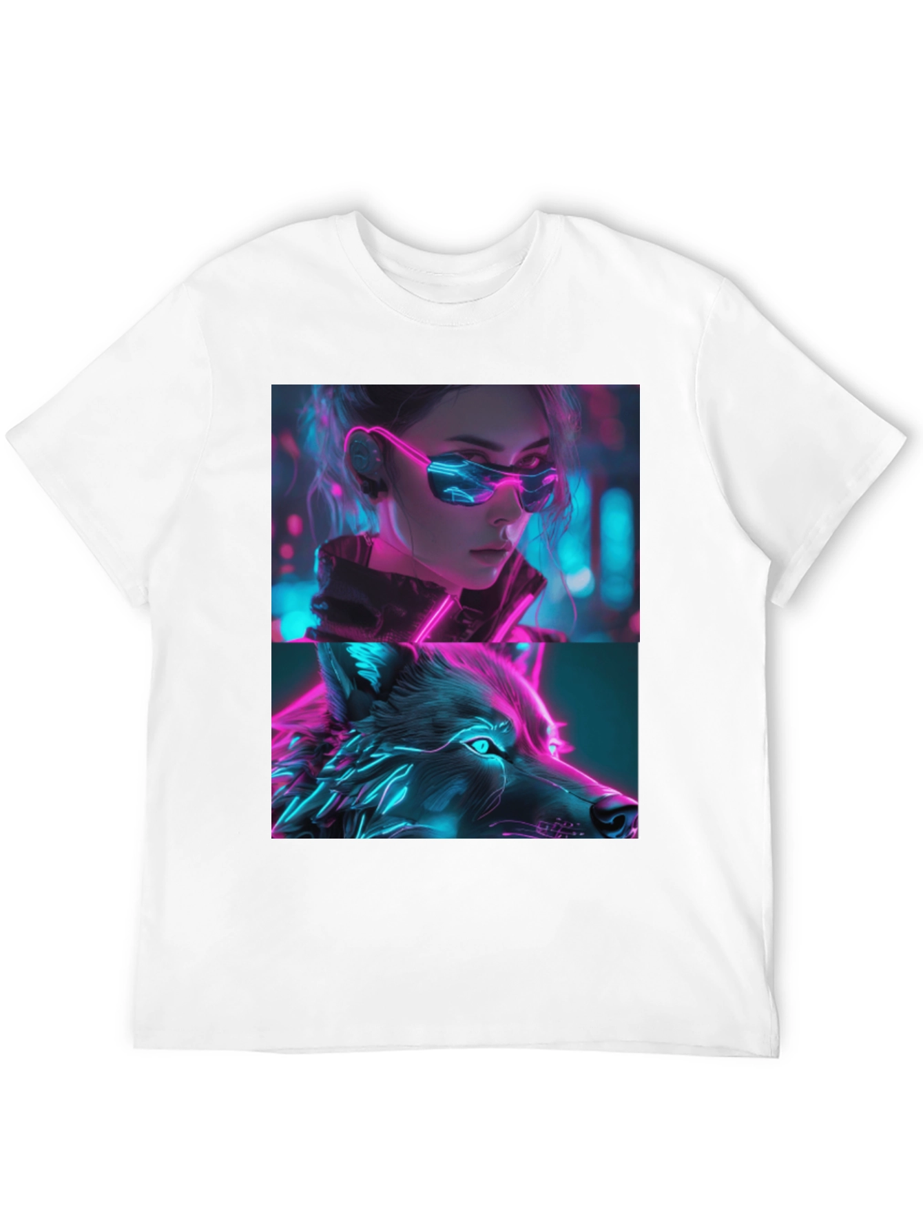 Neon Cyberpunk Girl & Wolf Graphic Tee