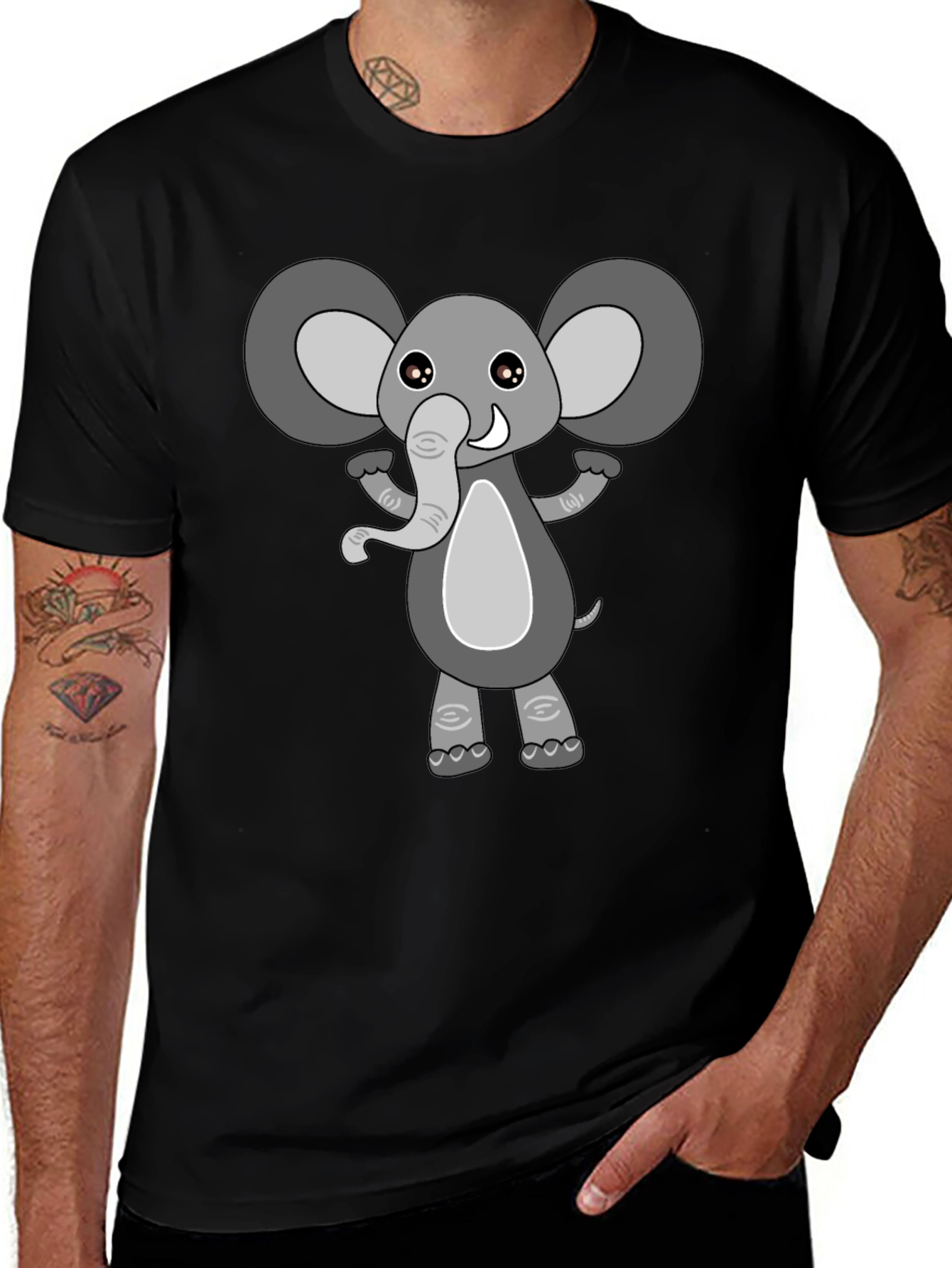 Cute Cartoon Elephant Black T-Shirt