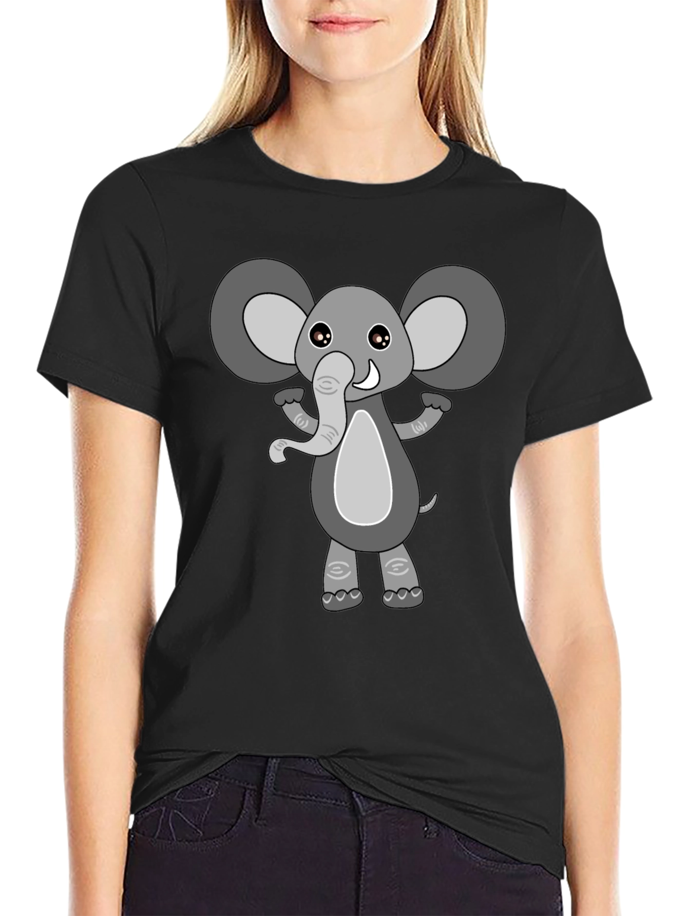 Cute Cartoon Elephant Black T-Shirt
