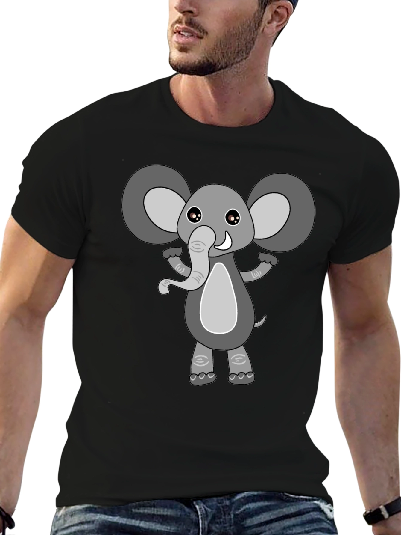 Cute Cartoon Elephant Black T-Shirt