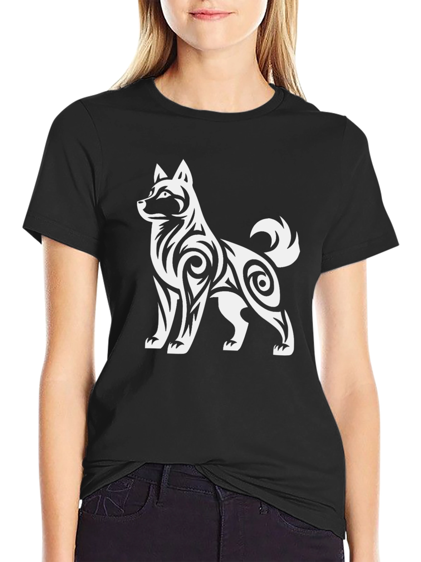 Tribal Dog Graphic T-Shirt - Black