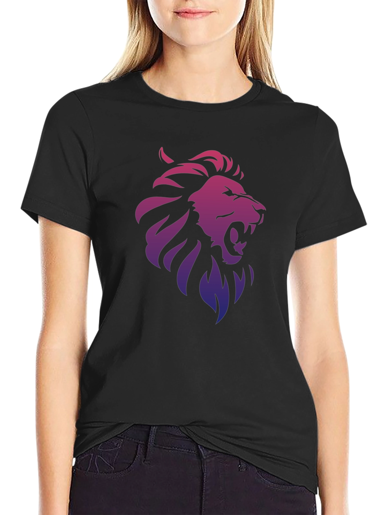 Lion Gradient Graphic Print Black T-Shirt