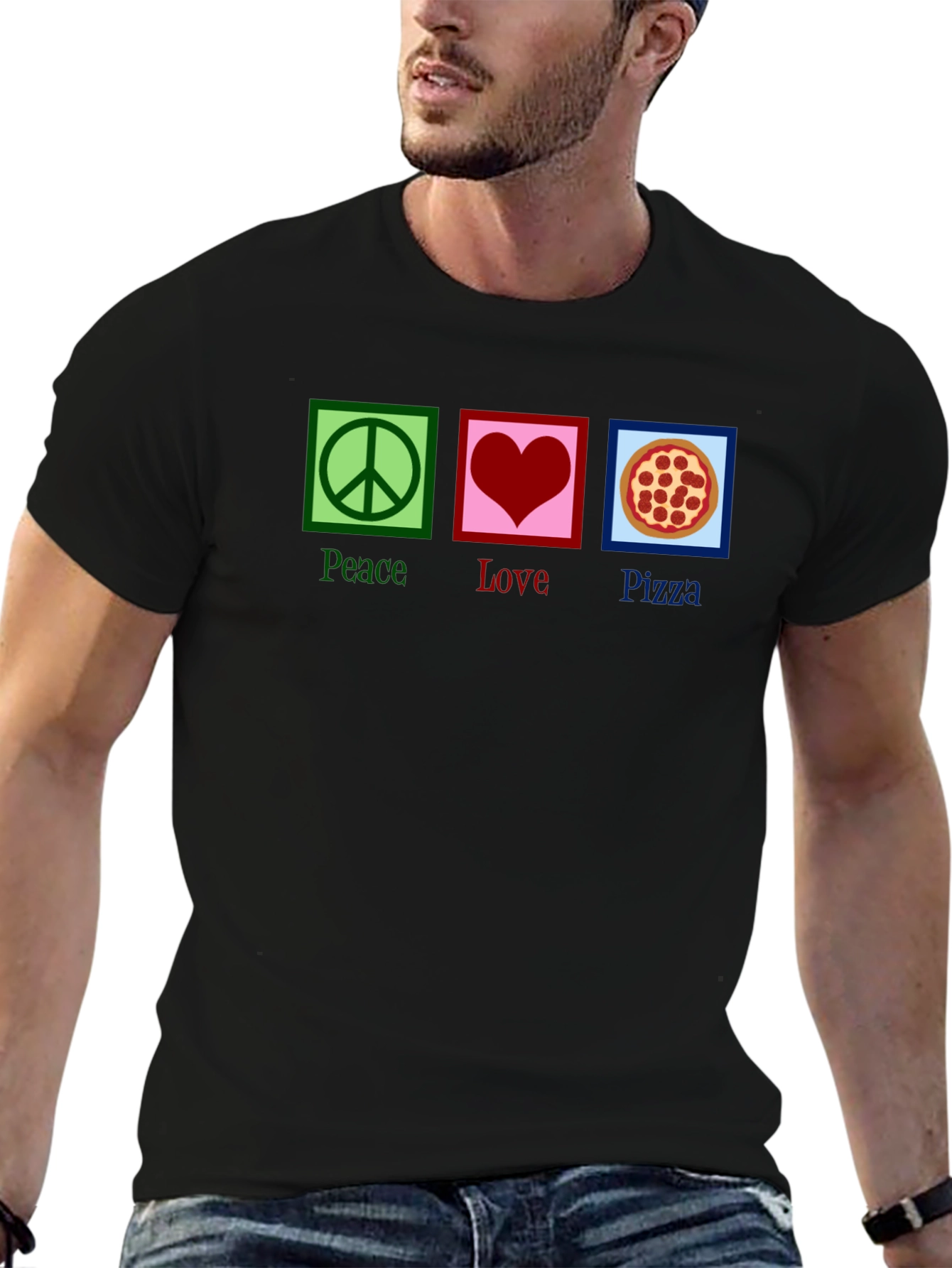 Peace Love Pizza Graphic Tee - Black Cotton T-Shirt