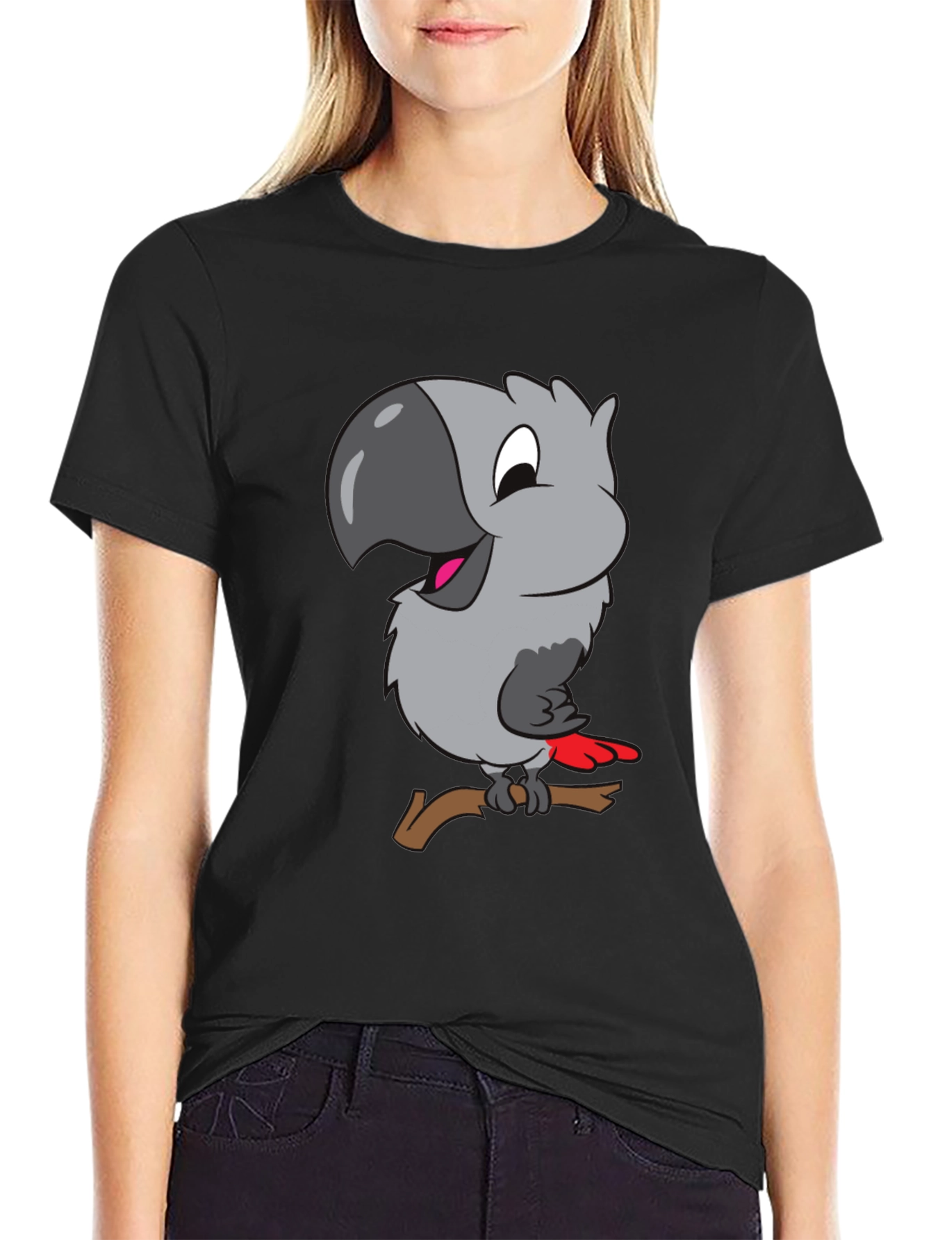 Cartoon Parrot Graphic T-Shirt - Black