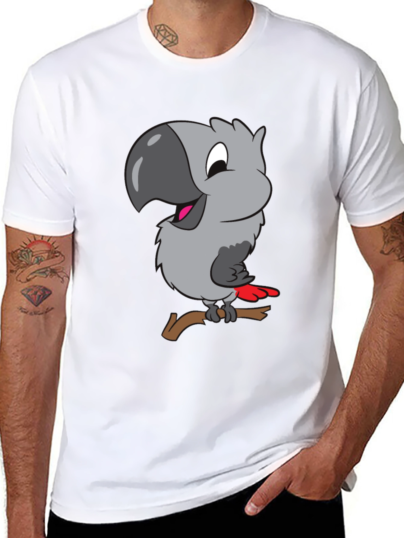 Cartoon Parrot Graphic T-Shirt - Black
