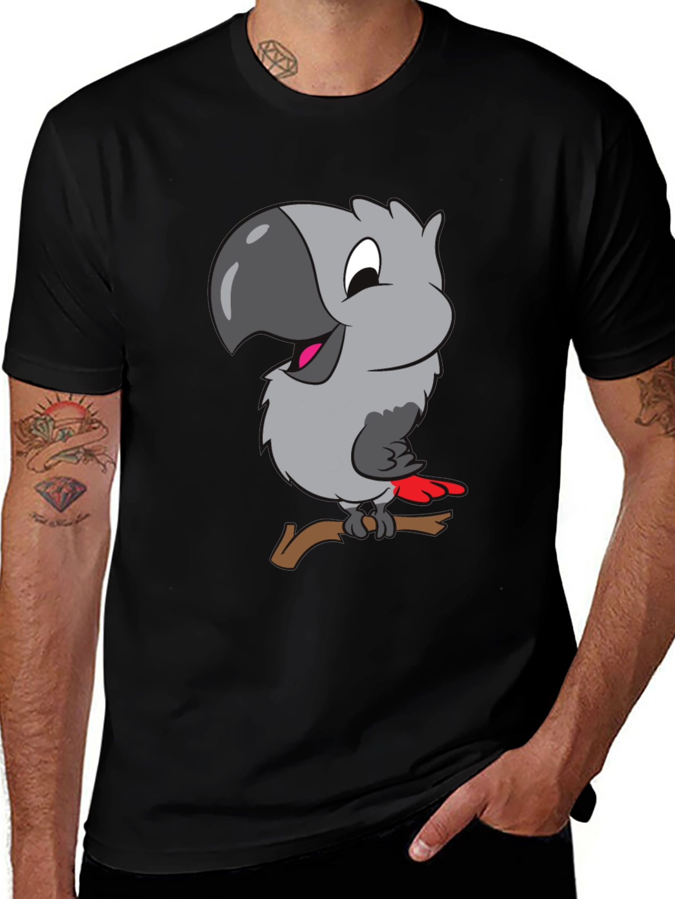Cartoon Parrot Graphic T-Shirt - Black