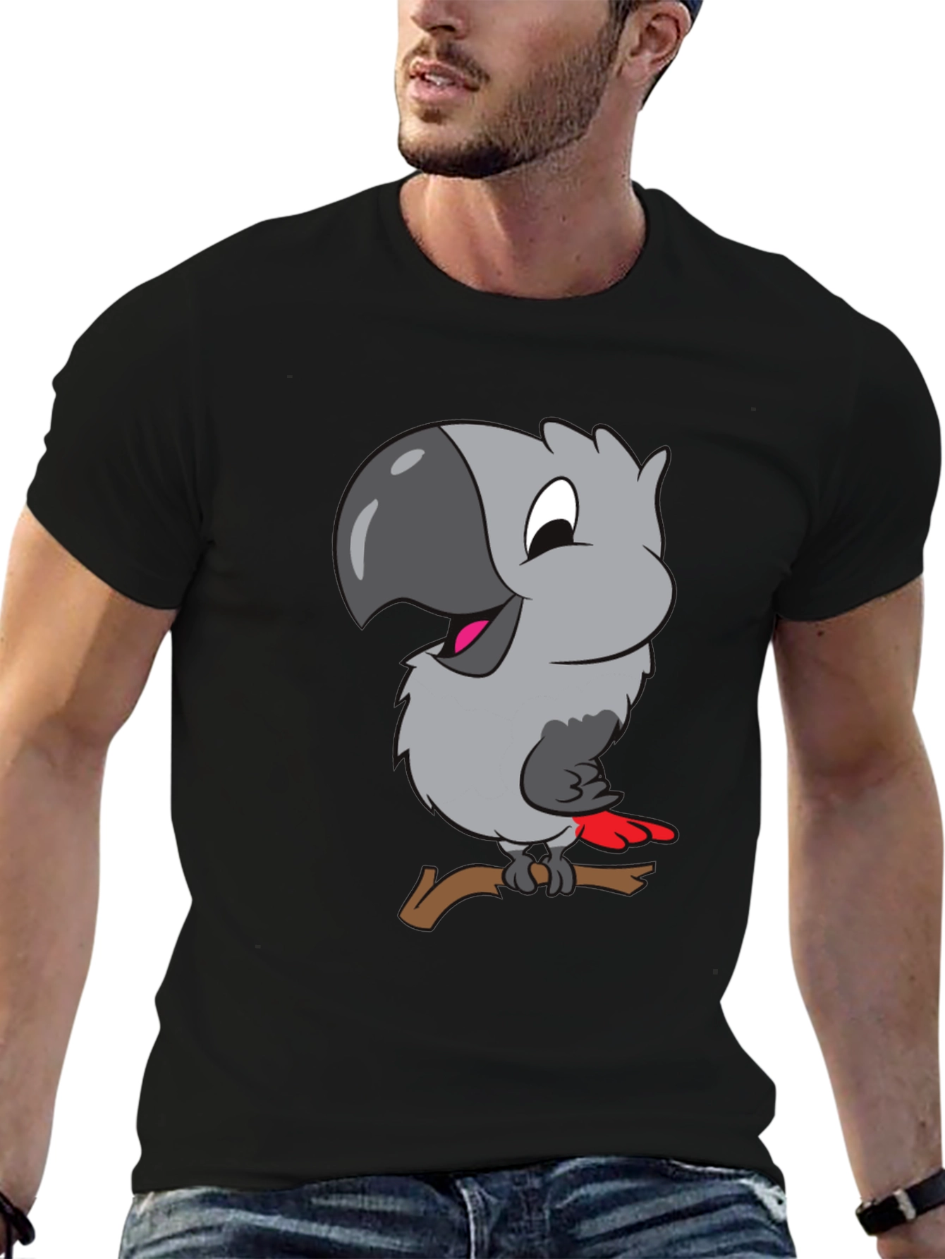Cartoon Parrot Graphic T-Shirt - Black