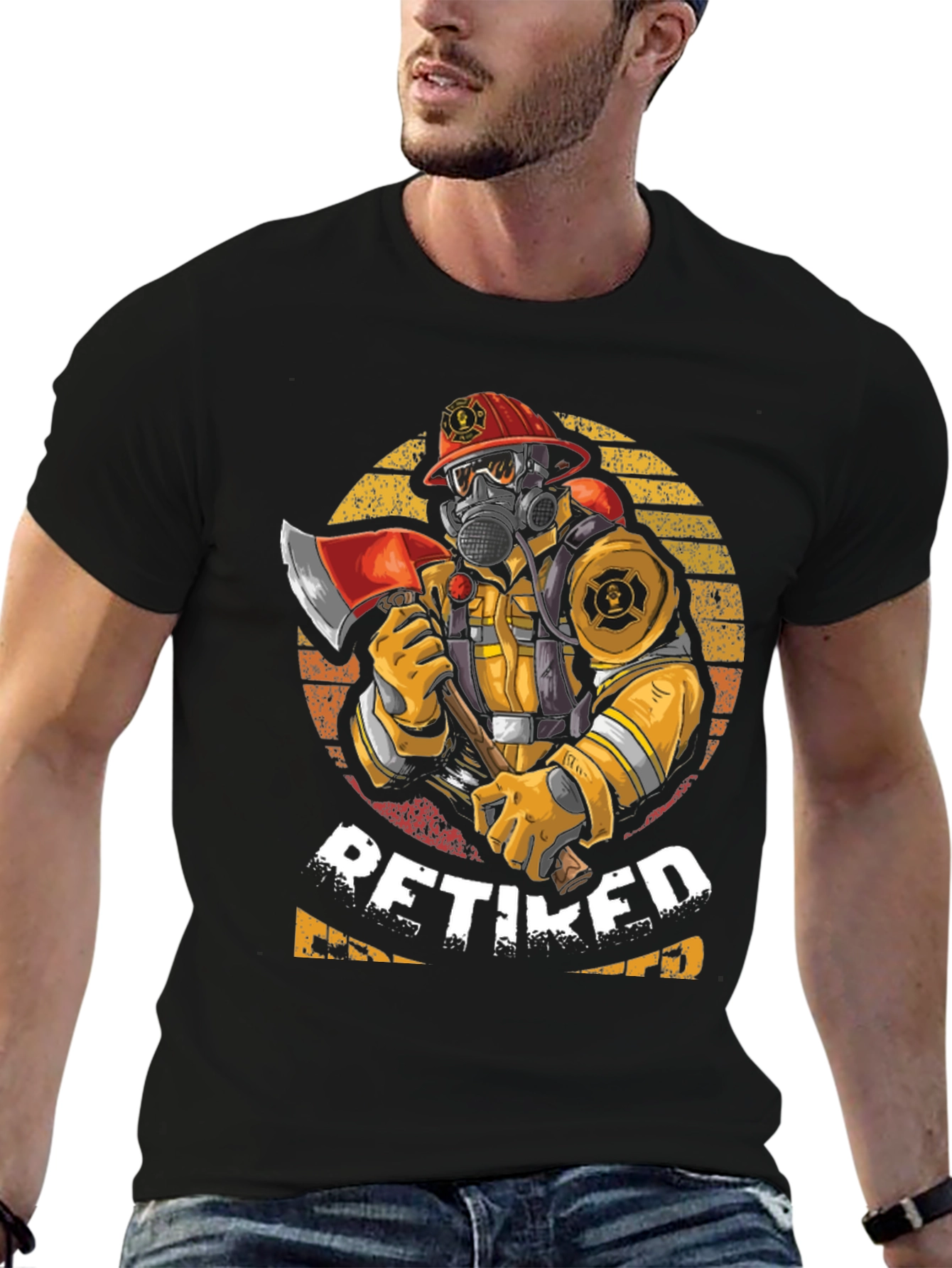 Retired Firefighter T-Shirt Axe Mask Helmet Design