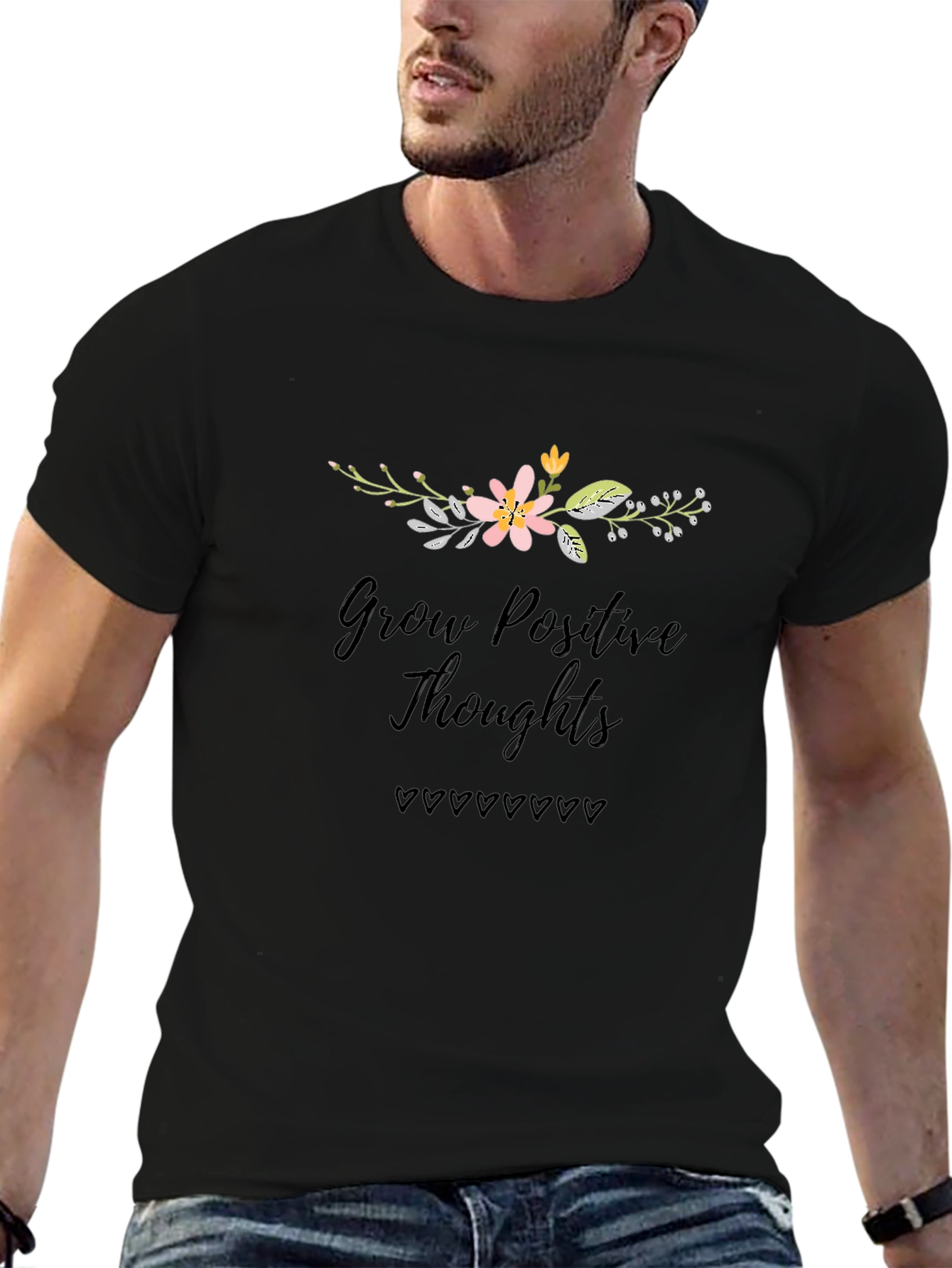 Grow Positive Thoughts Black Graphic T-Shirt
