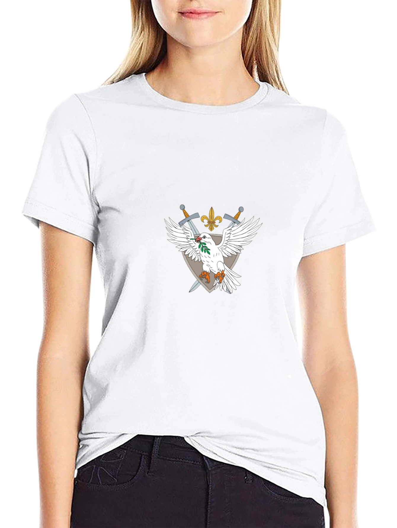Emblem Tee: White Dove Crossed Swords Fleur-de-lis